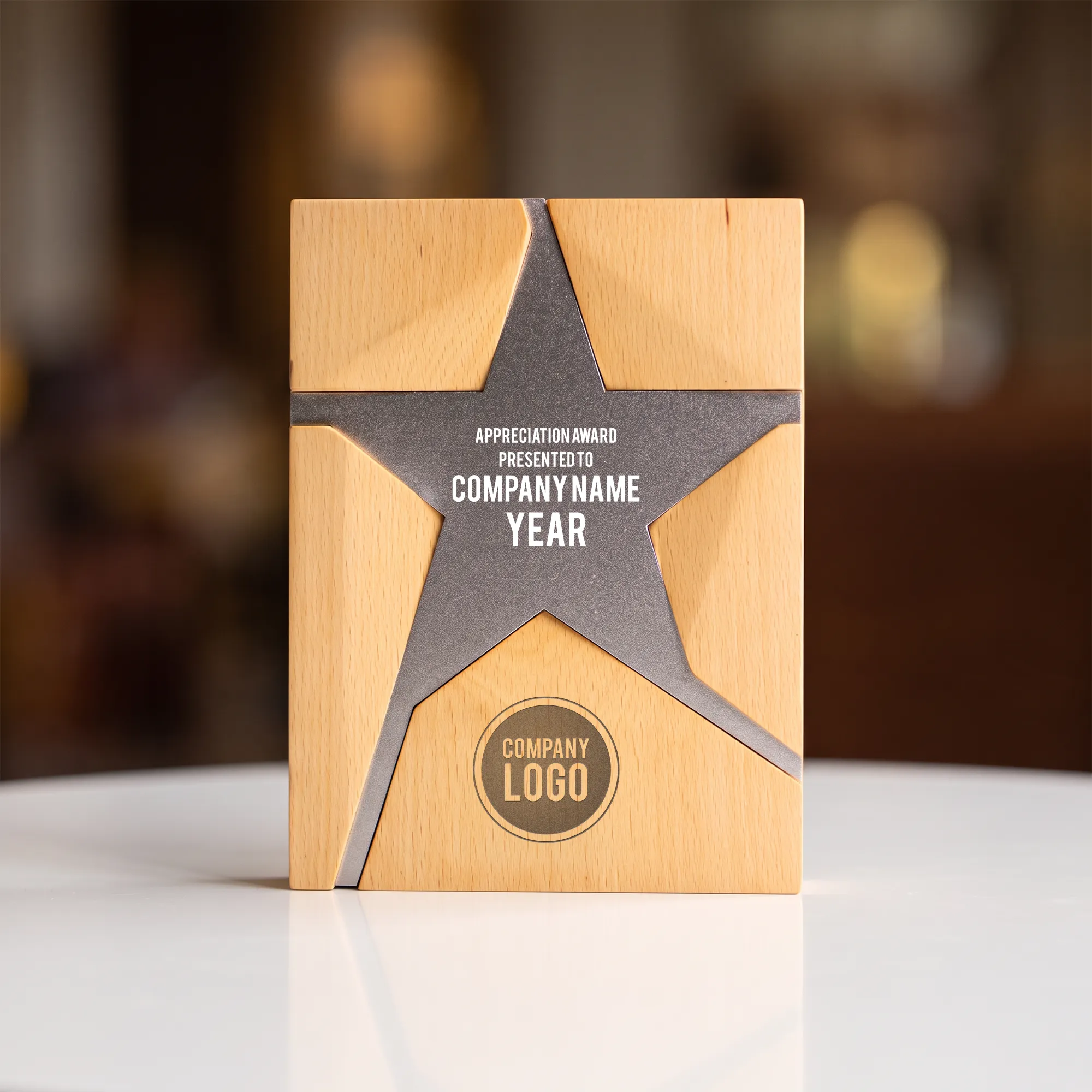 Wooden Trophy With Metal Star Silver