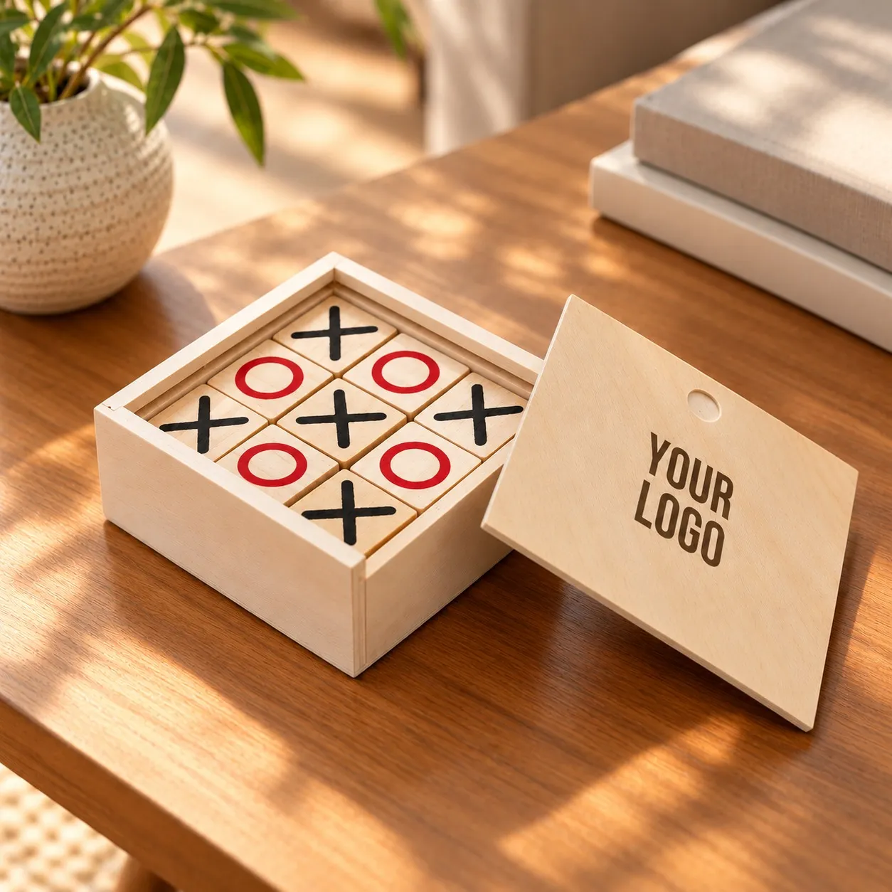 Wooden XO Tic-Tac-Toe game set with sliding wooden box