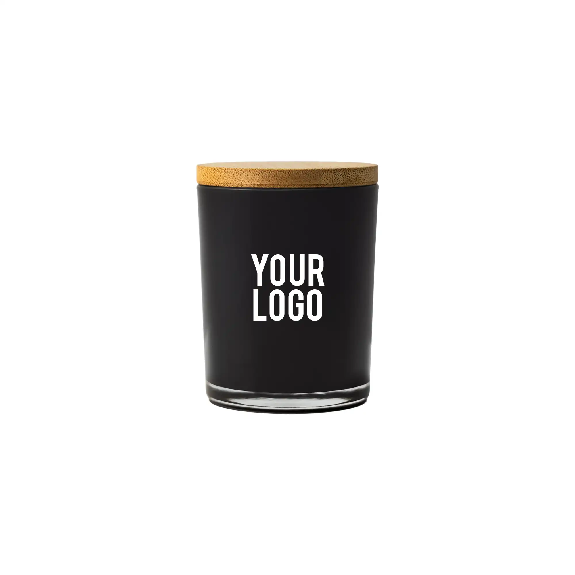Frosted glass scented candles with bamboo lids in white and black, featuring customizable logo branding.