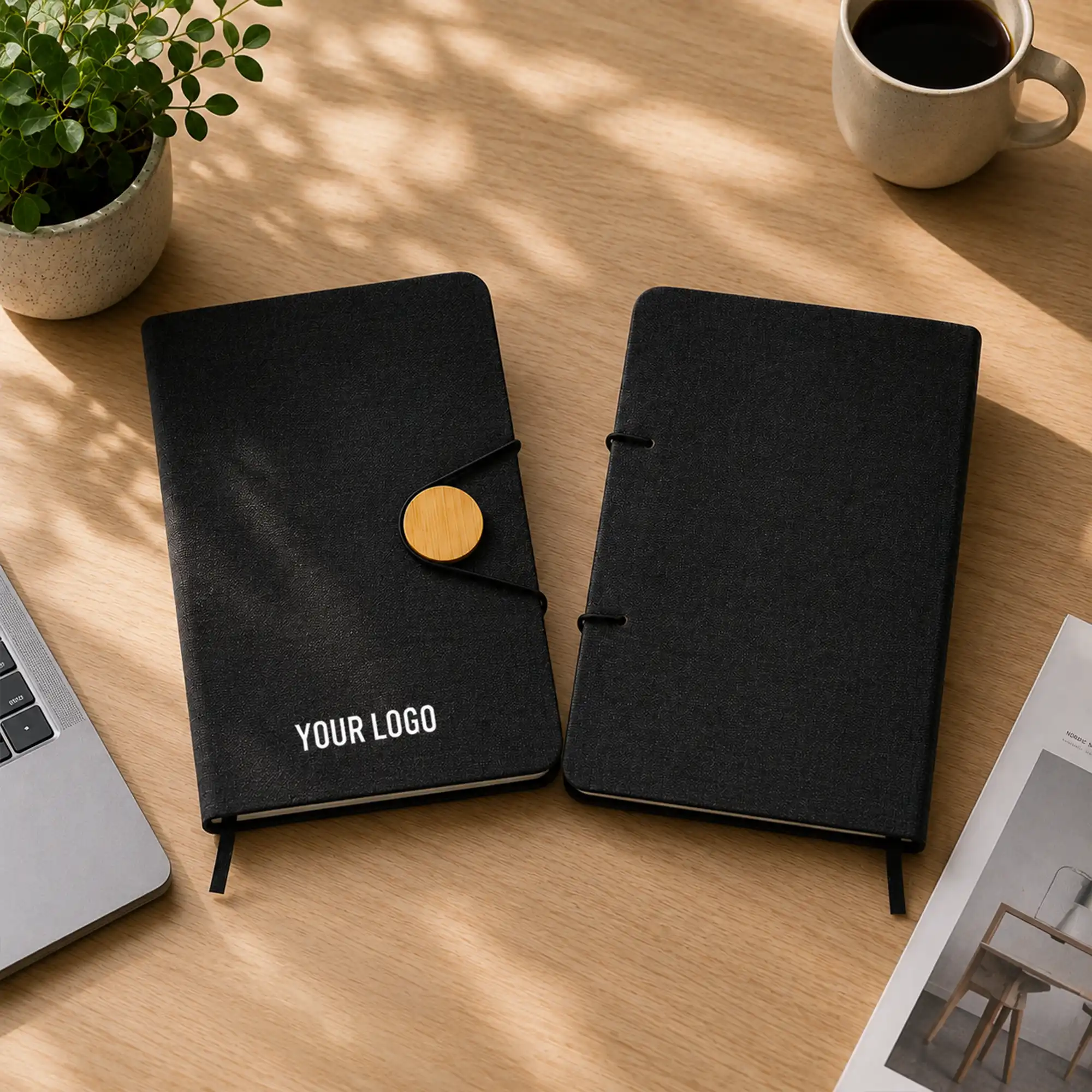 RPET + Bamboo Button Notebook – Dual-Tone Executive Journal Black