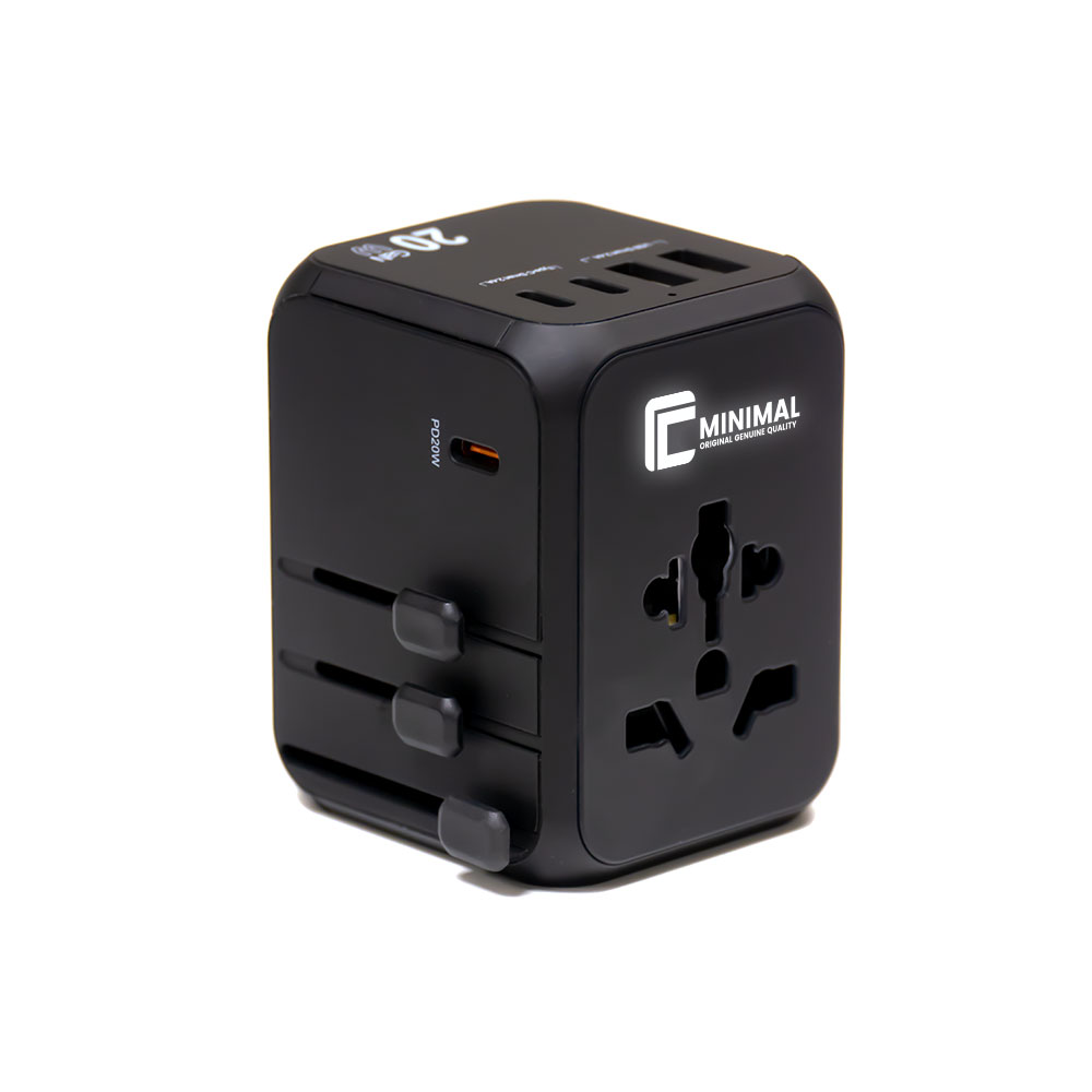 Universal travel adapter with 3 Type C and 2 USB A ports