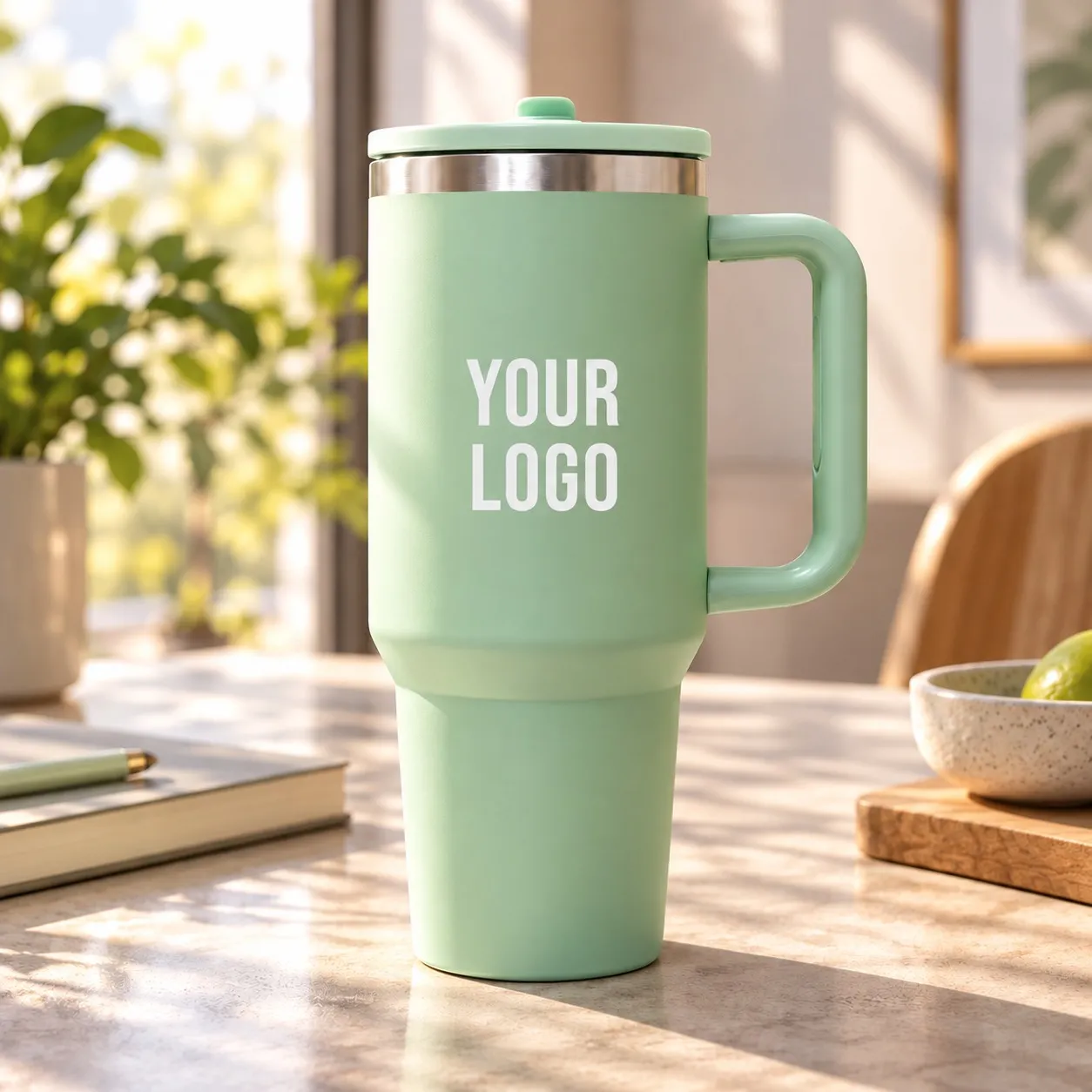Double Walled Tumbler With Handle And Flip Straw