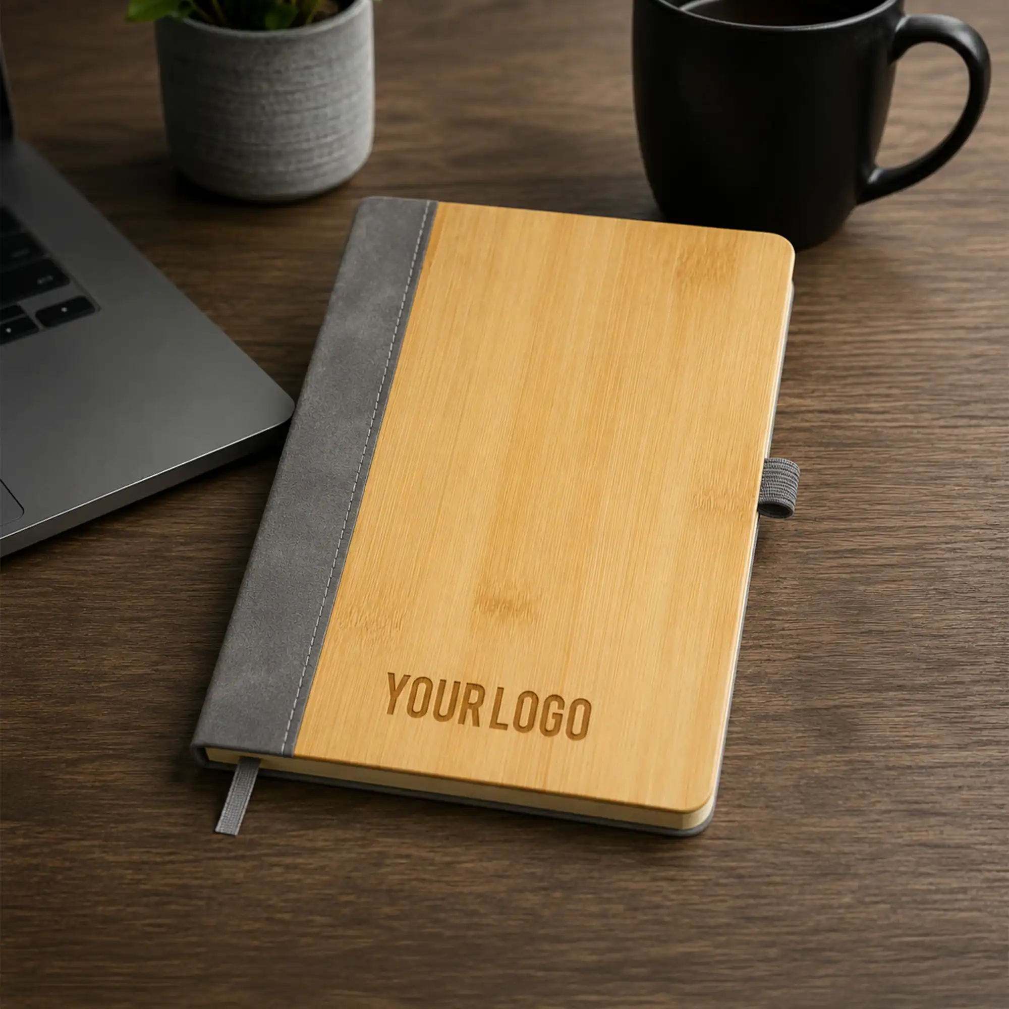 Promotional PU Notebook with Bamboo Finish Gray