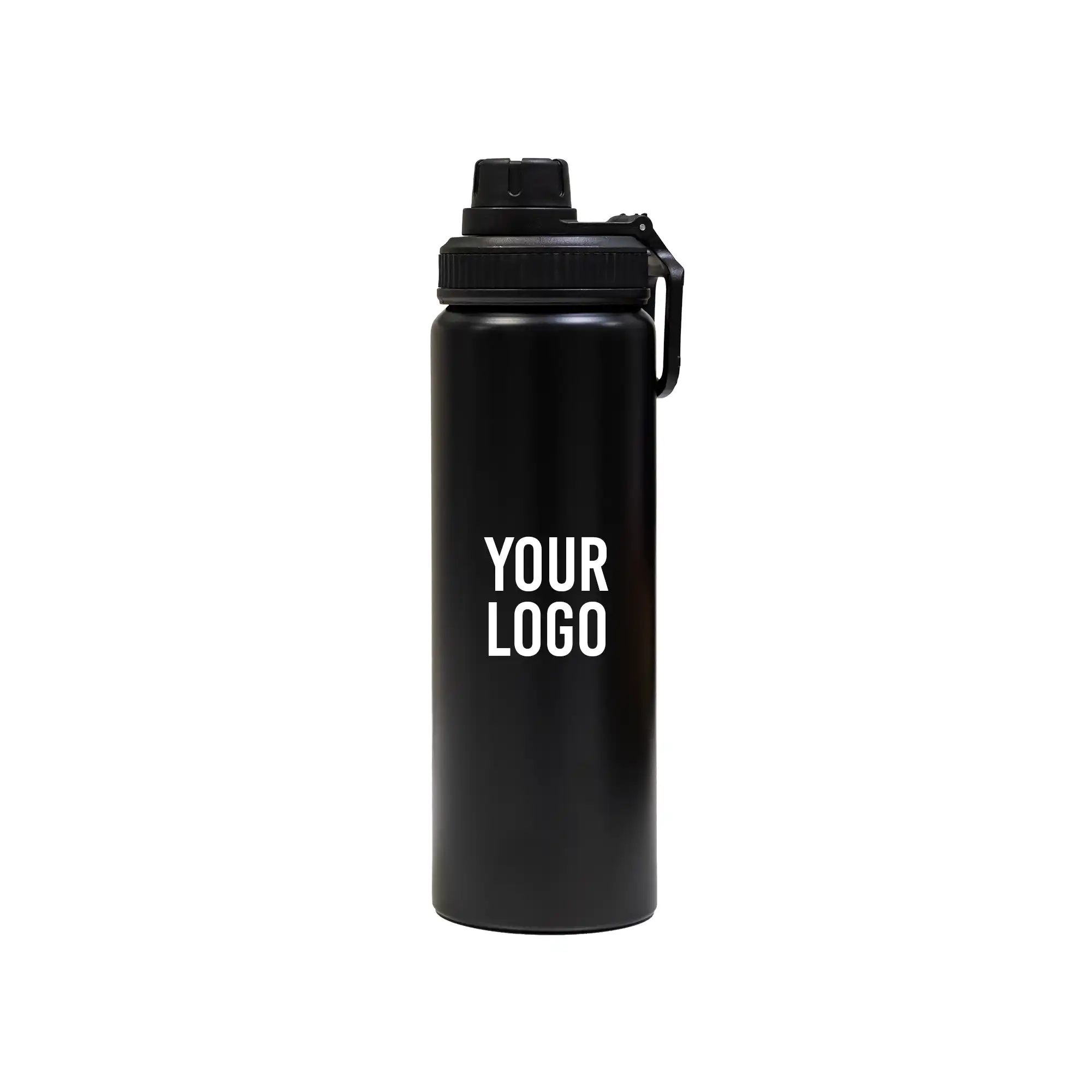 Reusable aluminium sports bottle with handle, 800 ml capacity, black and white color options for corporate gifting.
