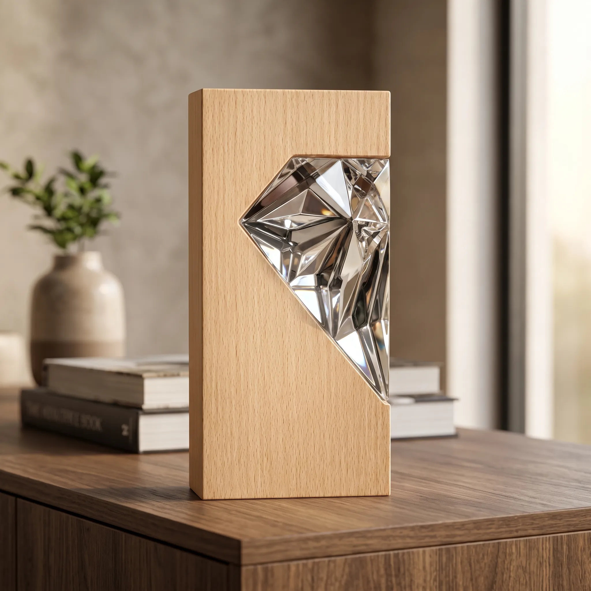 Silver crystal diamond award on wood base, close-up of faceted surface