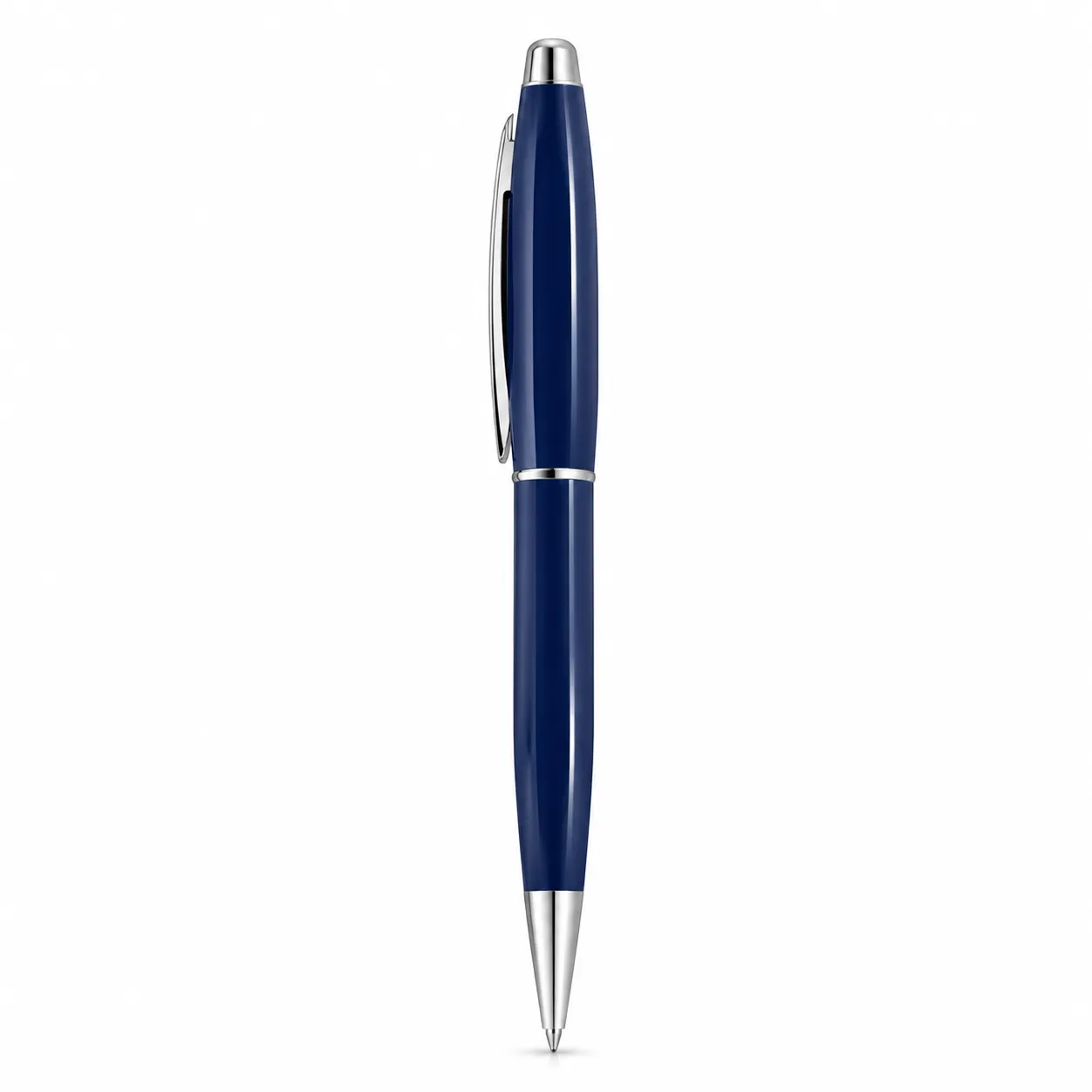 Blue glossy metal ballpoint pen with chrome trim standing upright on white