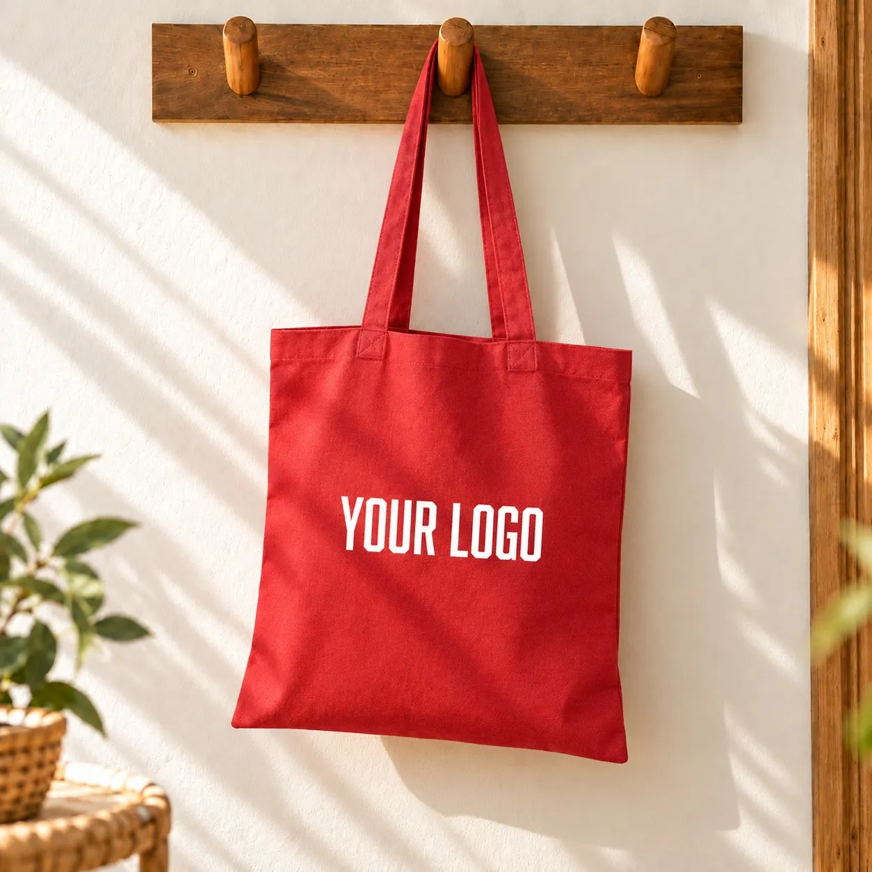 Red recycled cotton tote bag with long handles – sustainable and reusable