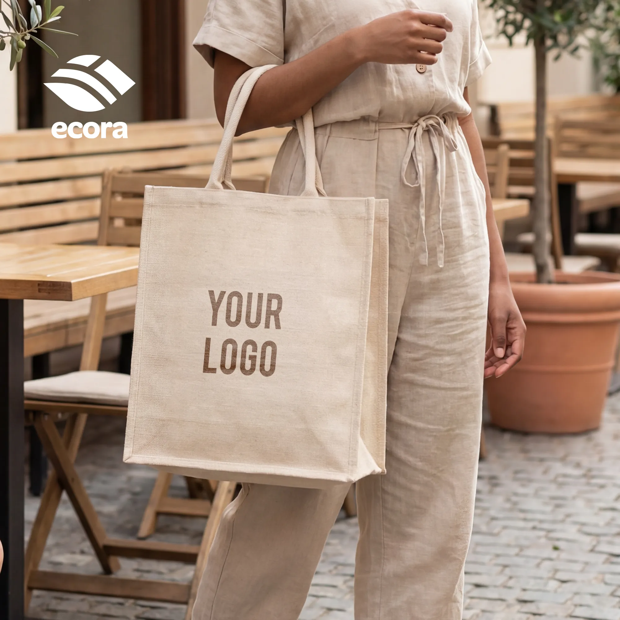 Ethorix laminated canvas tote in natural showing the front logo print area