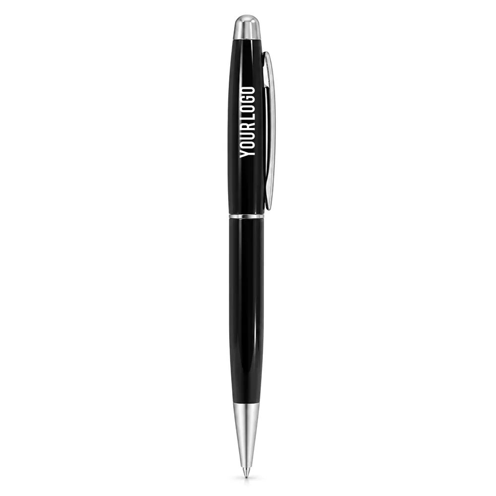 Black glossy metal ballpoint pen with chrome trim standing upright on white