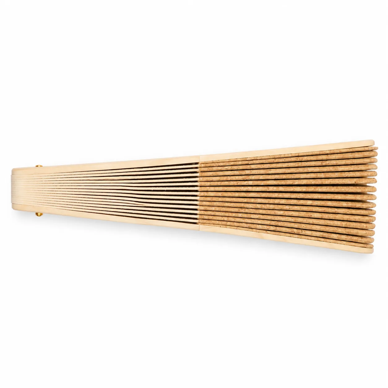 Folding hand fan opened flat showing a speckled natural cork leaf on a pale wooden ribbed frame with a brass pivot