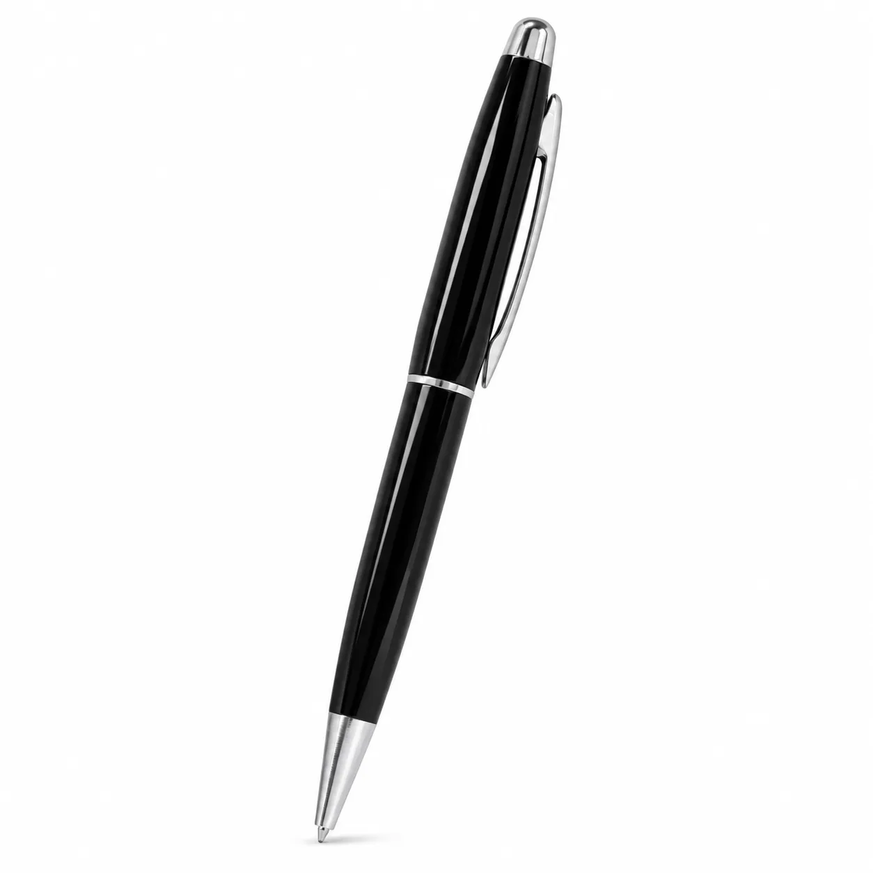 Black glossy metal ballpoint pen with chrome trim standing upright on white