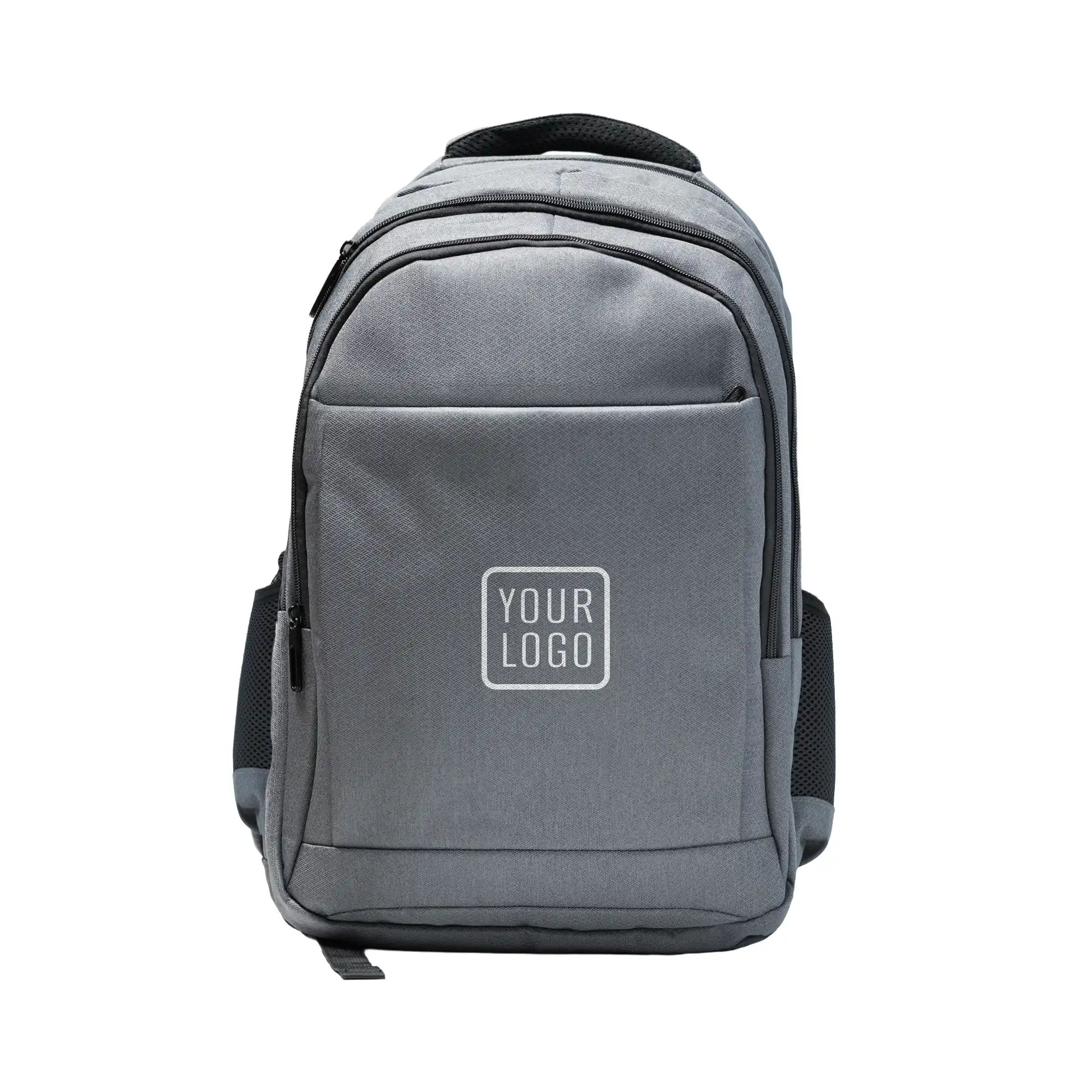 Gray travel backpack with zipper and USB charging feature