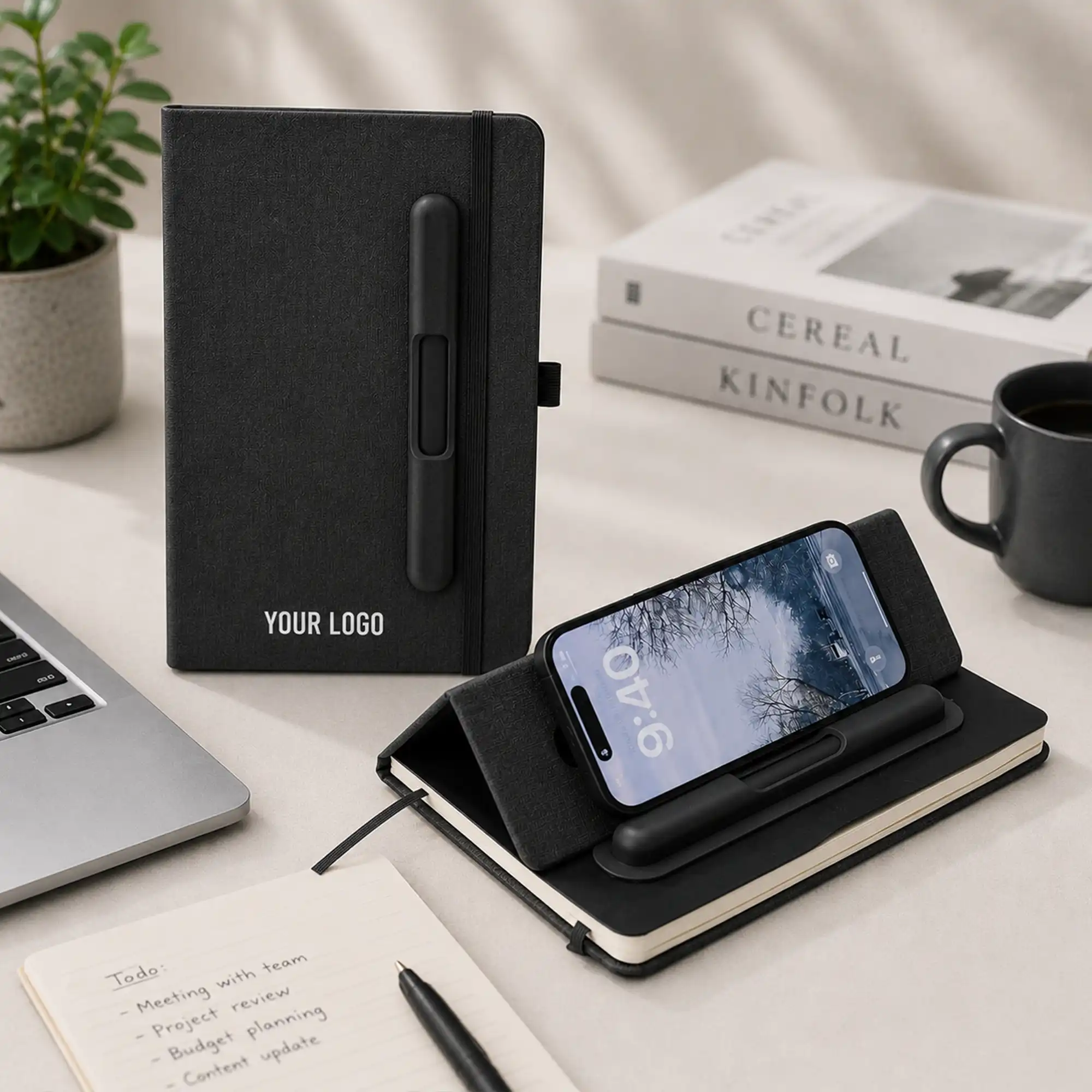 PU + RPET Look Notebook with Mobile Pen Holder Black