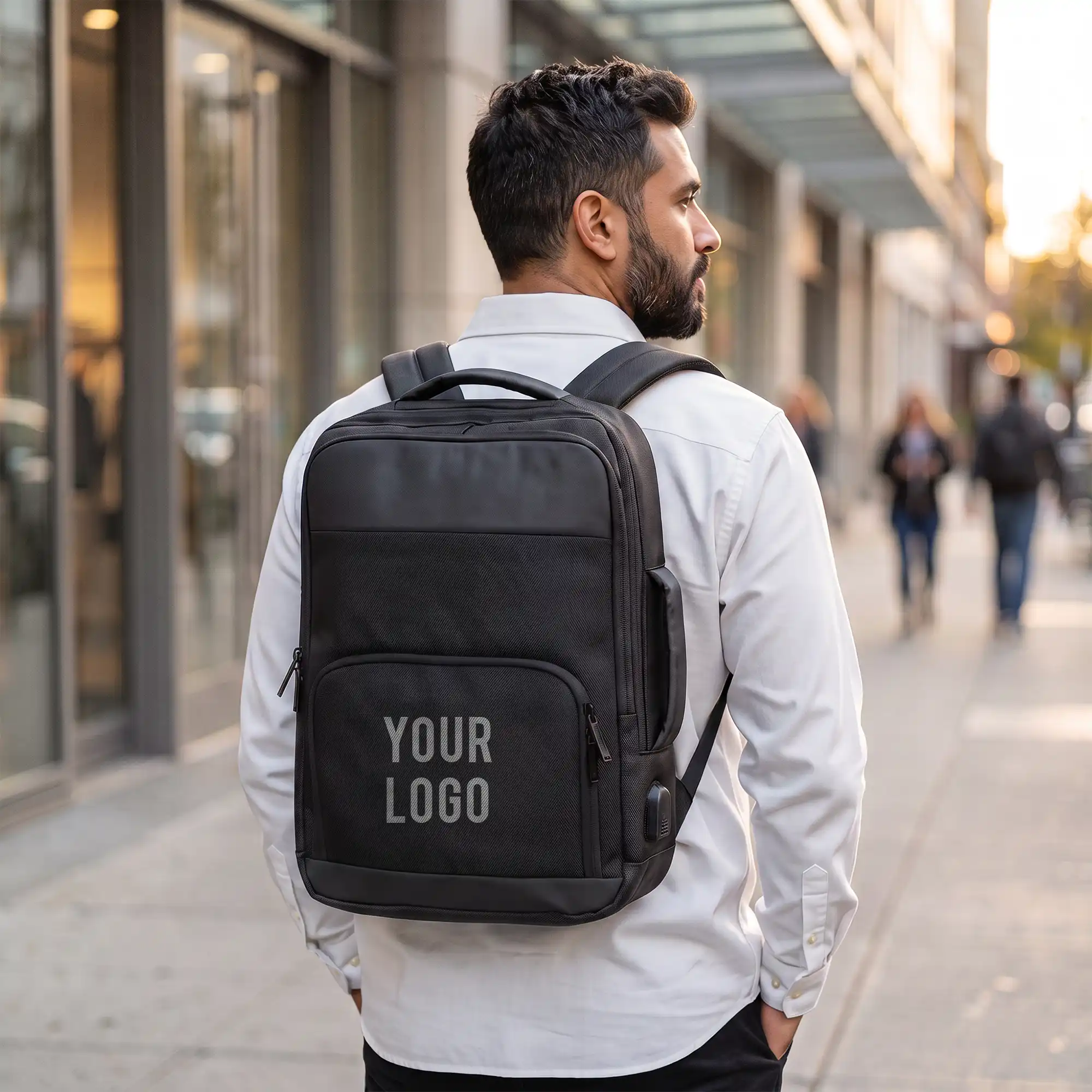 Black executive laptop backpack with USB charging port and multiple compartments