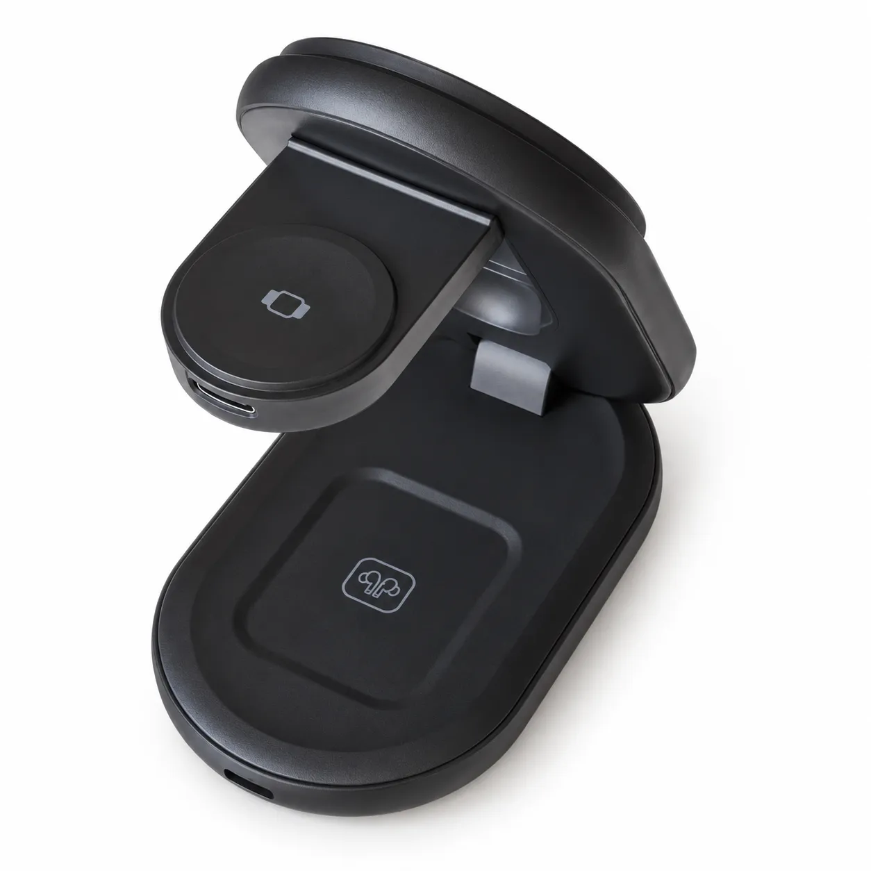 Black 3-in-1 foldable magnetic wireless charger stand charging a smartphone, smartwatch and wireless earbuds