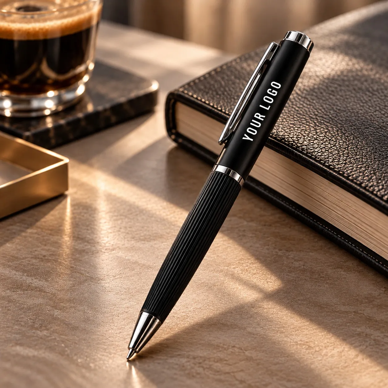 Black metal pen with lined barrel and silver clip – 11610BK