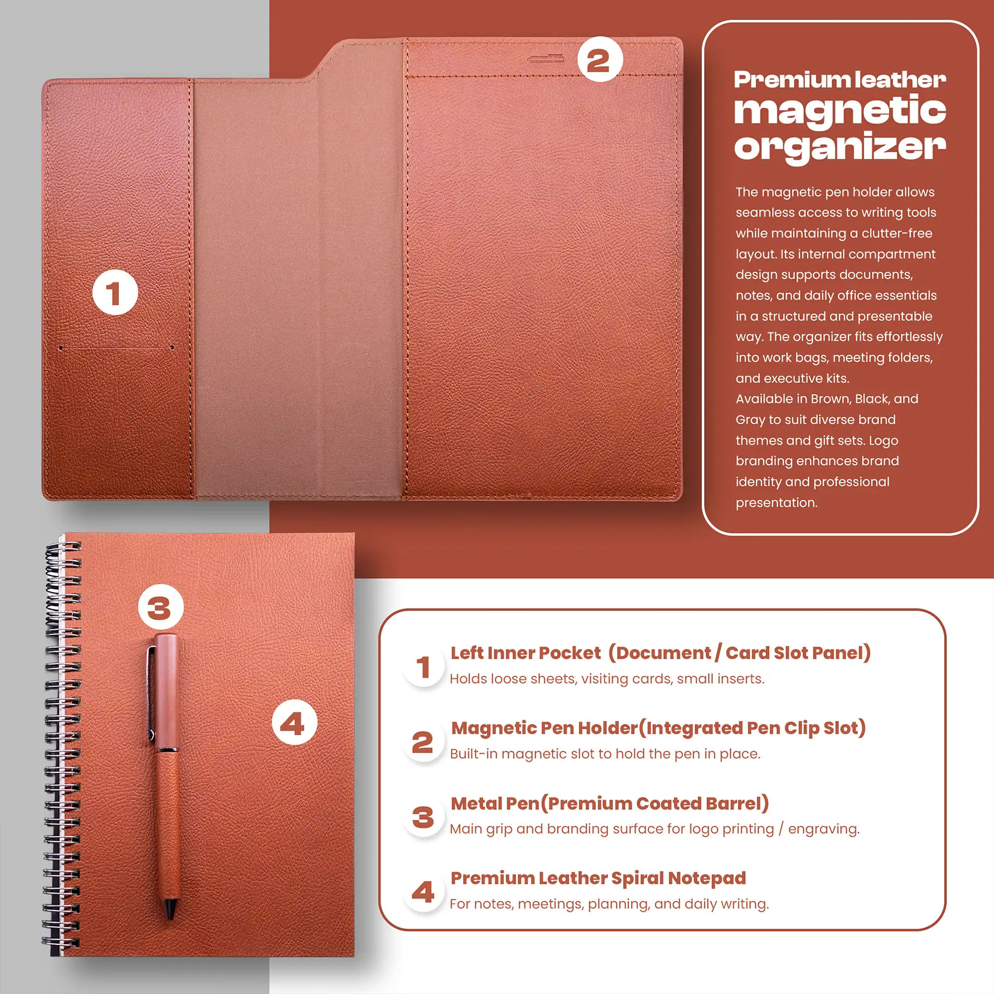 Maison Valer Executive Organizer with Magnetic Pen Holder Brown