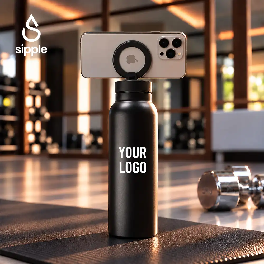 Magnetic insulated water bottle with phone holder in multiple colors
