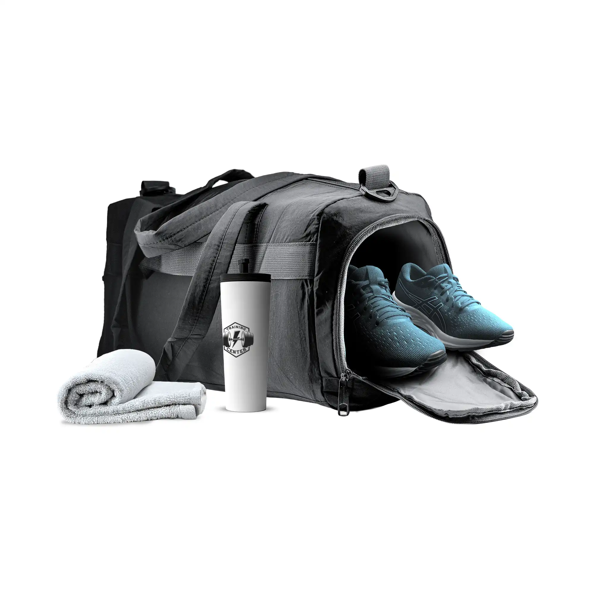 Black executive duffle bag with shoulder strap and spacious compartments for travel