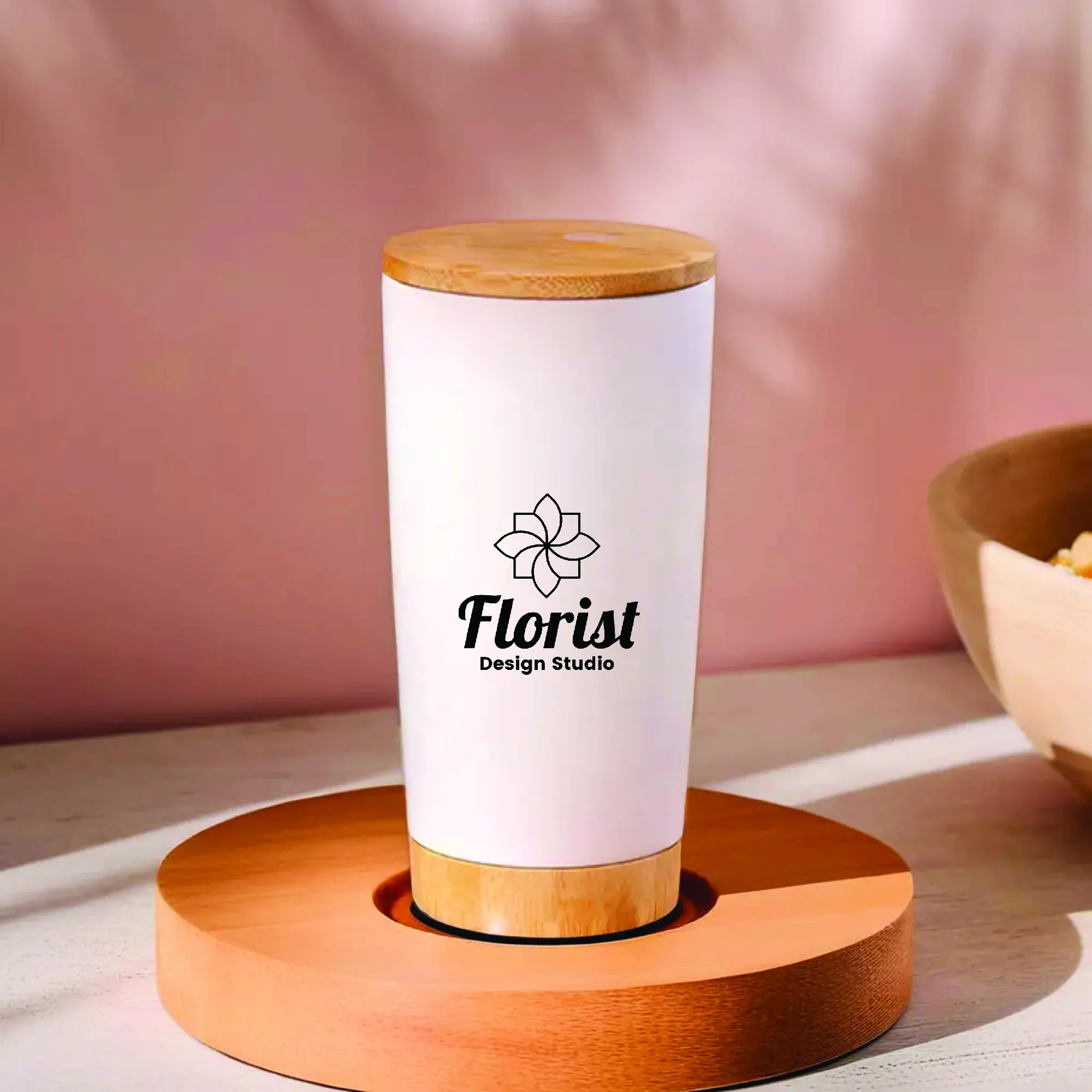 Stainless Steel Tumbler With Bamboo Lid And Base White