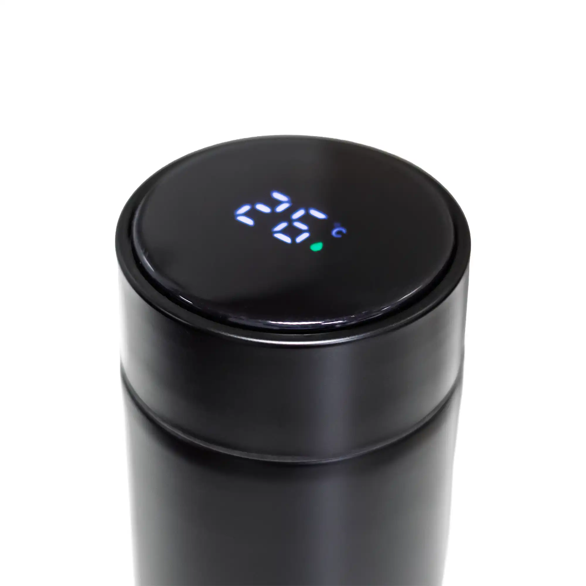 Black digital temperature display bottle 500ml – front view with blank branding area