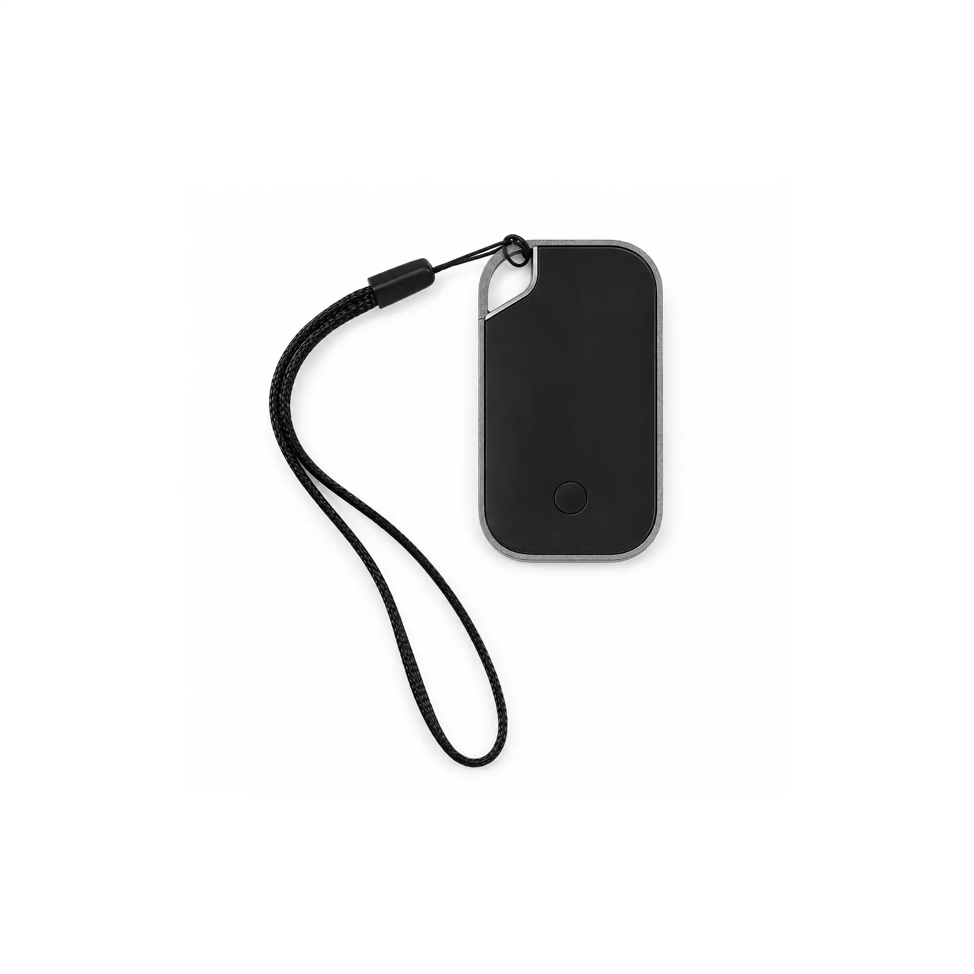 Traxo Bluetooth locator device, black panel with silver metal frame, front view