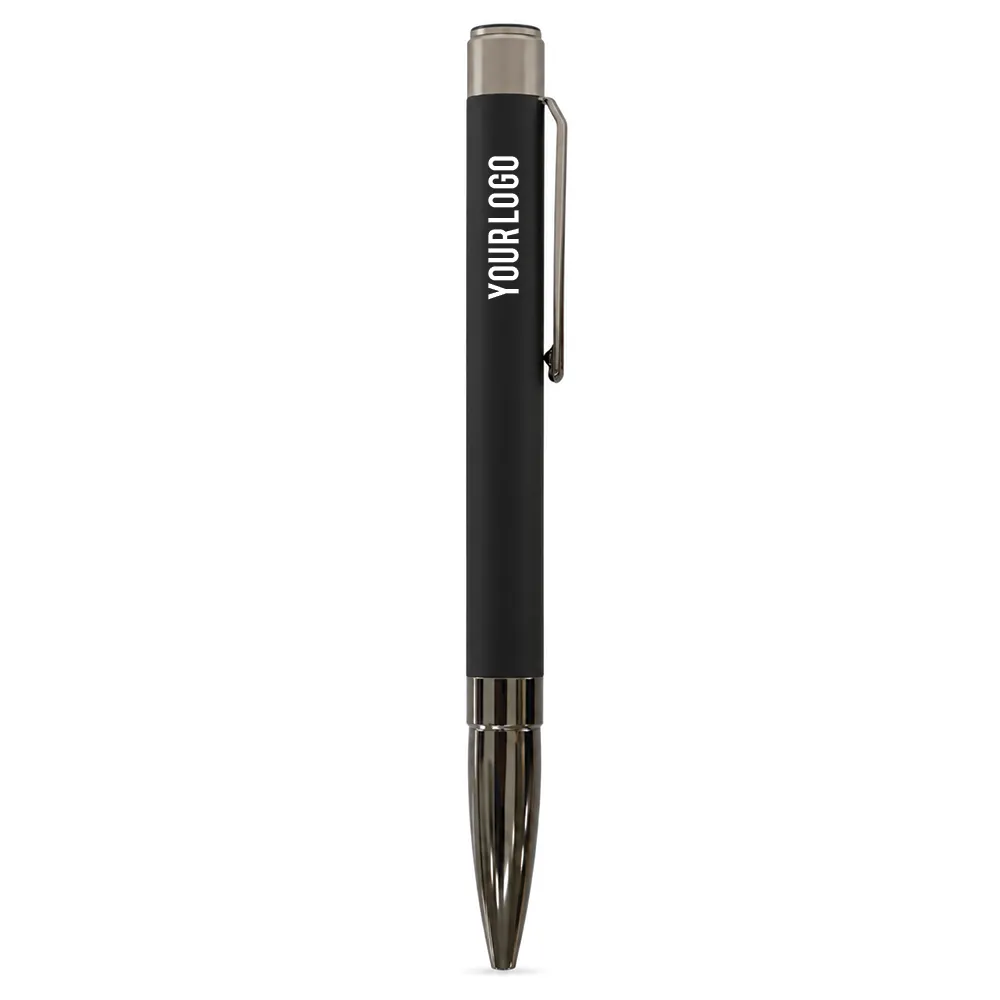 Black matte metal ballpoint pen with gunmetal clip and bullet tip on white