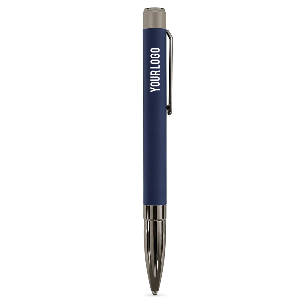 Blue matte metal ballpoint pen with gunmetal clip and bullet tip on white