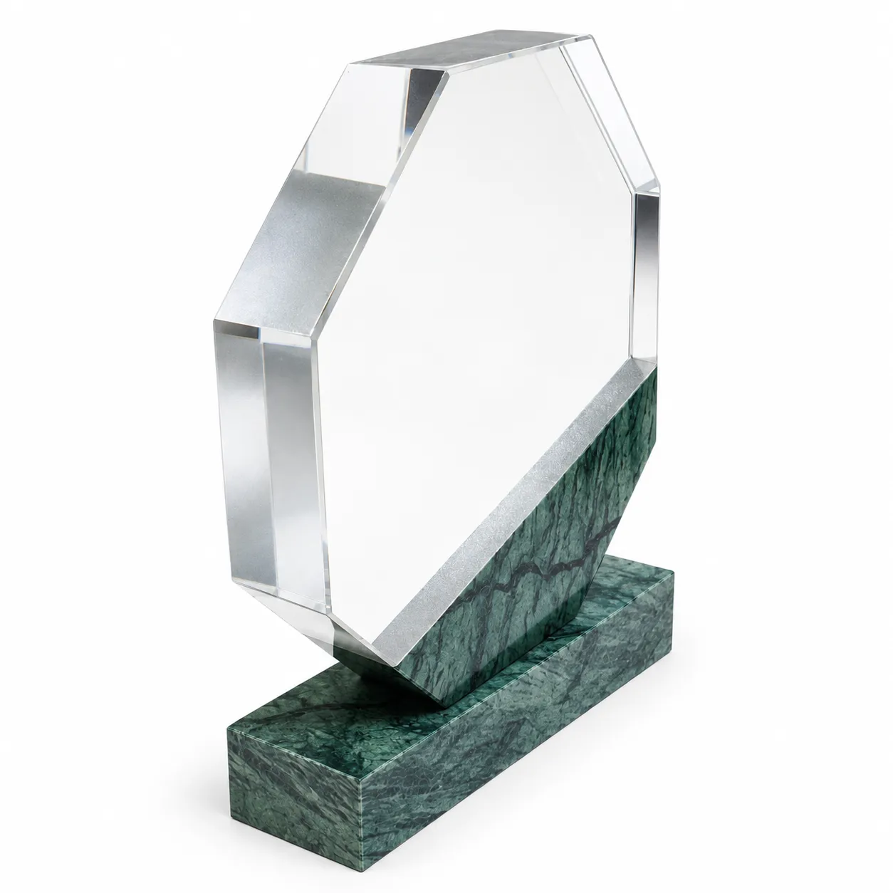 Green marble octagonal crystal award on a desk