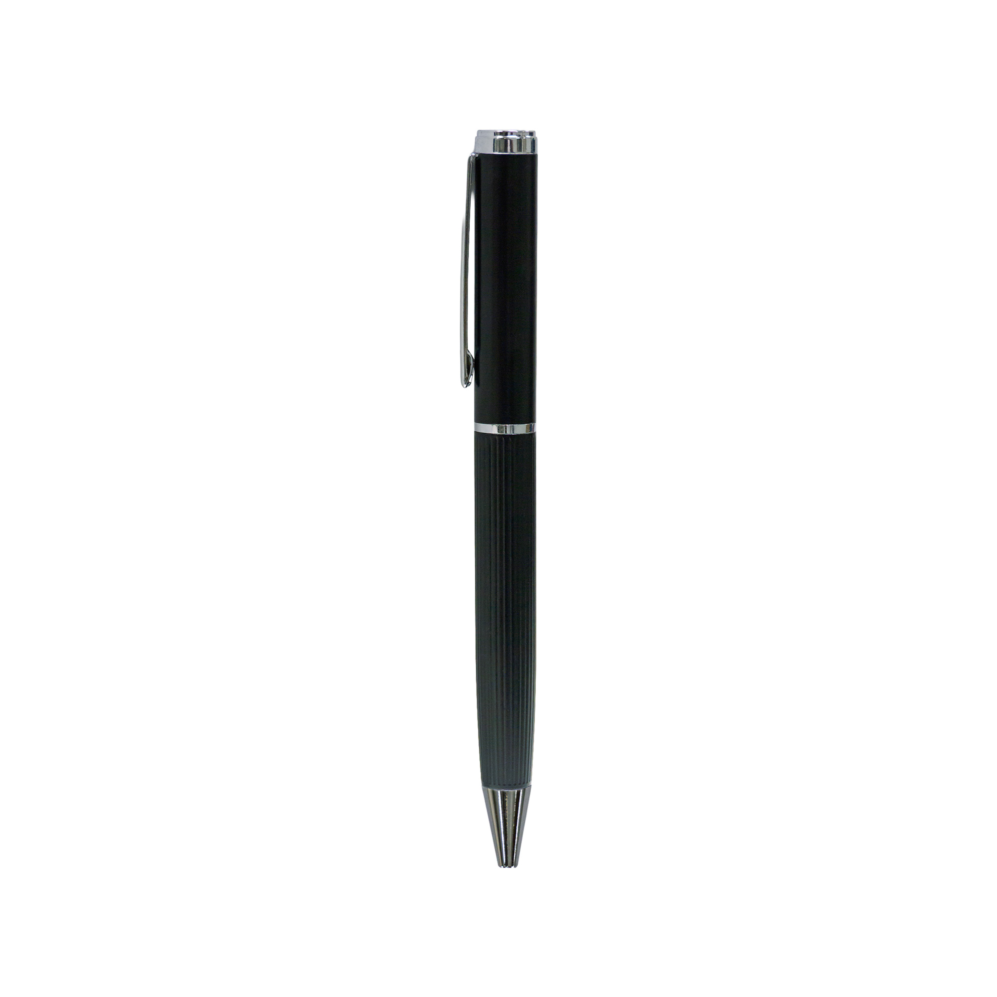 Black metal pen with lined barrel and silver clip – 11610BK