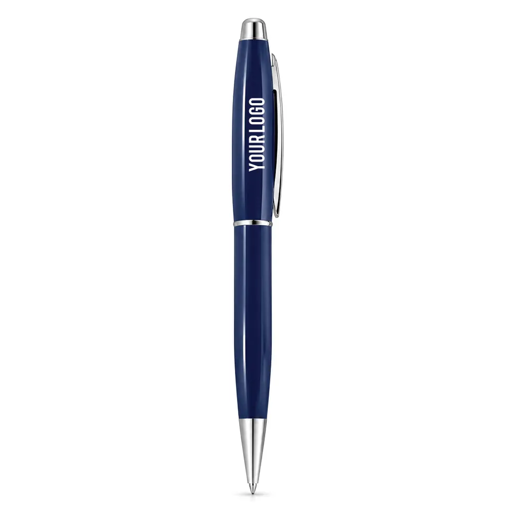 Blue glossy metal ballpoint pen with chrome trim standing upright on white