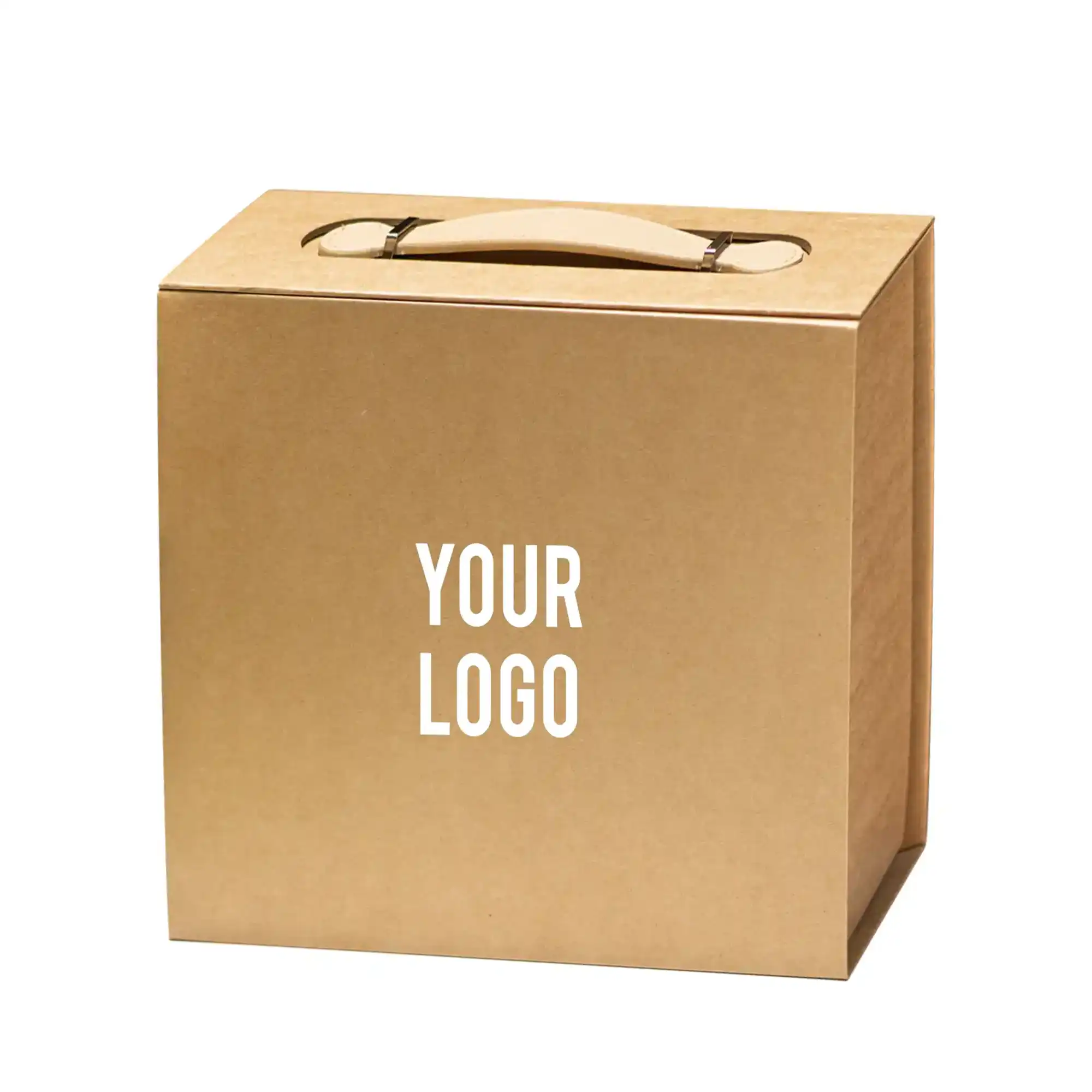 Luxury Gift Box with PU Leather Handle Brown Large