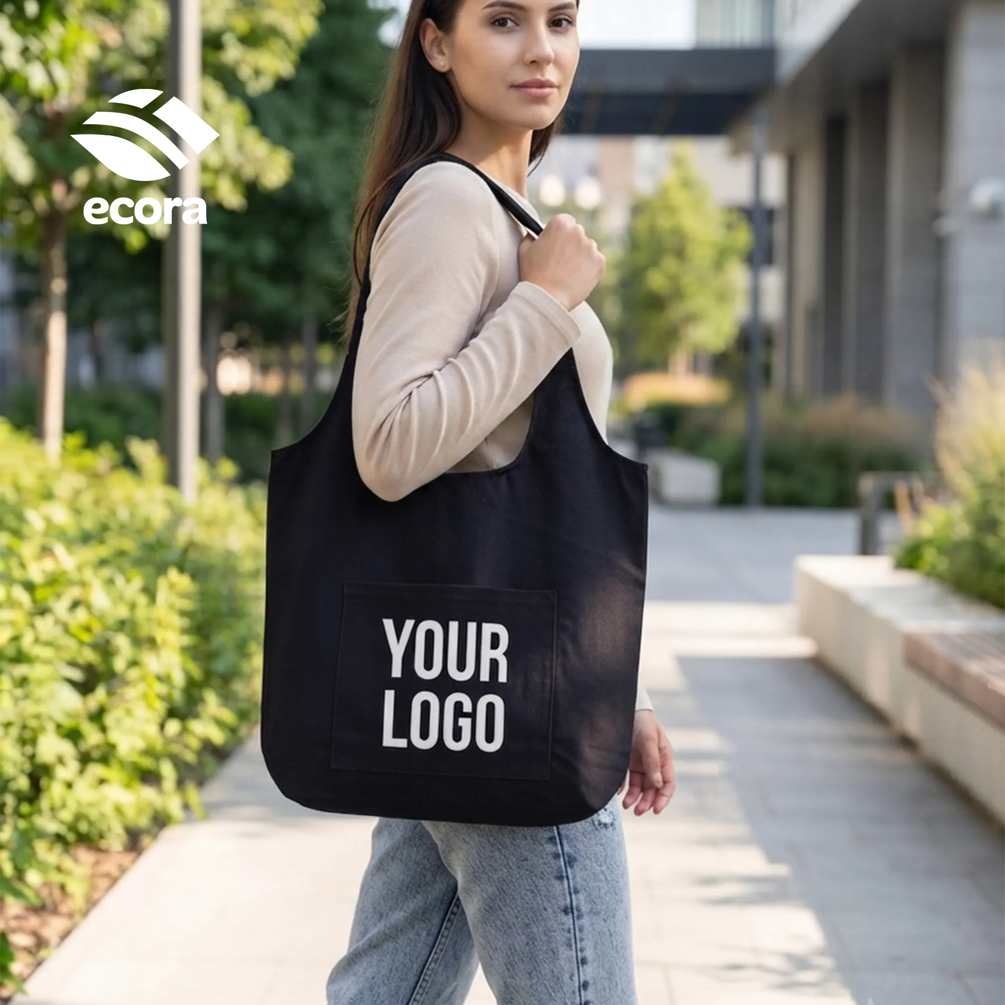 Toto canvas shoulder tote in natural with a large printed logo on the front panel