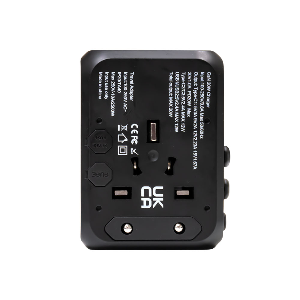 Universal travel adapter with 3 Type C and 2 USB A ports