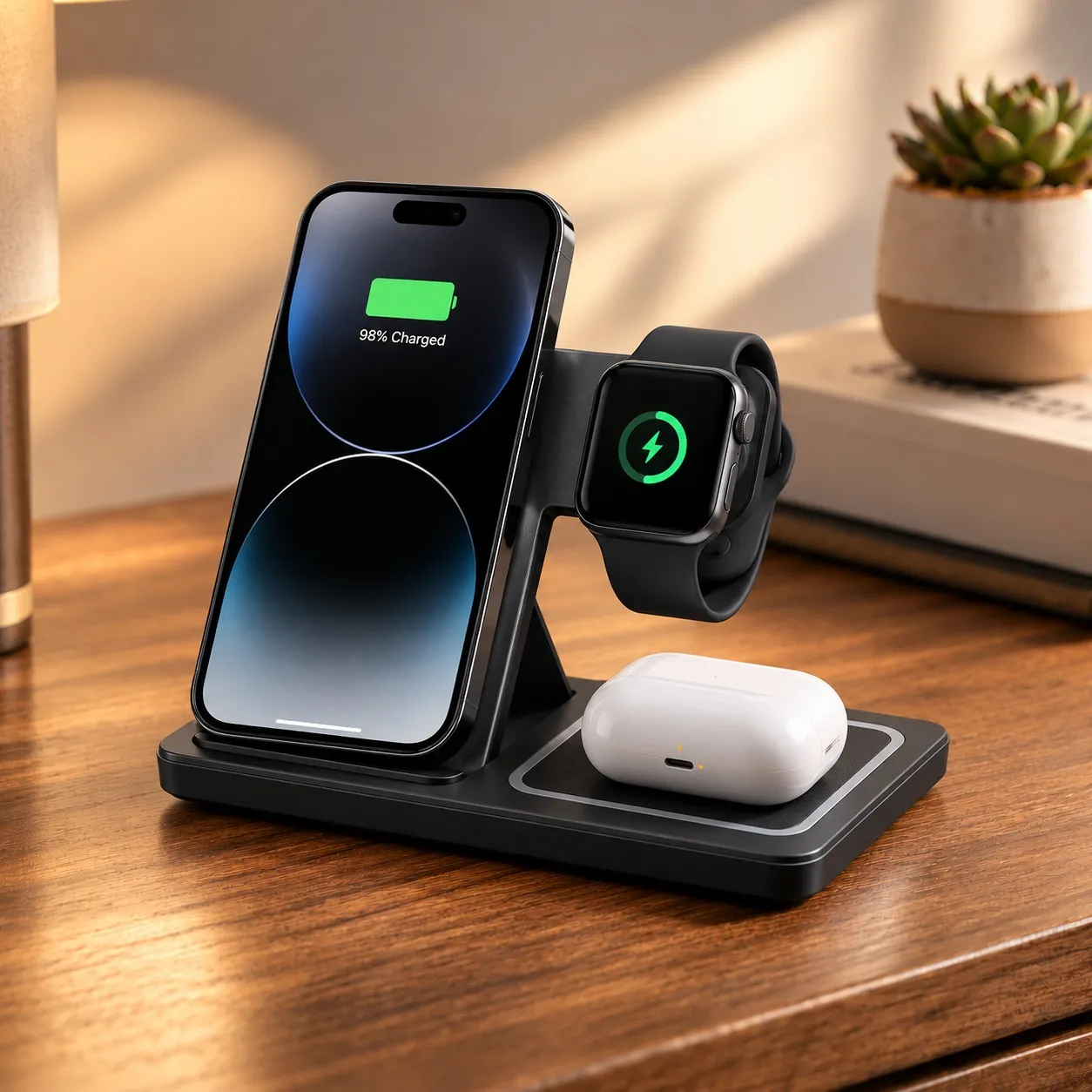 3-in-1 Wireless Charging Station with LightUp Logo - Black Foldable Design