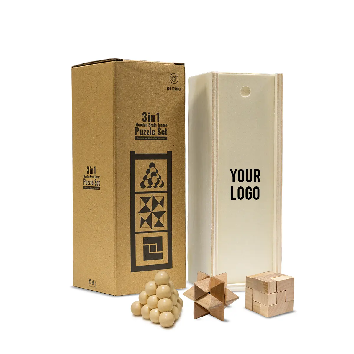 Wooden star, bead cluster, and cube puzzle set displayed beside box