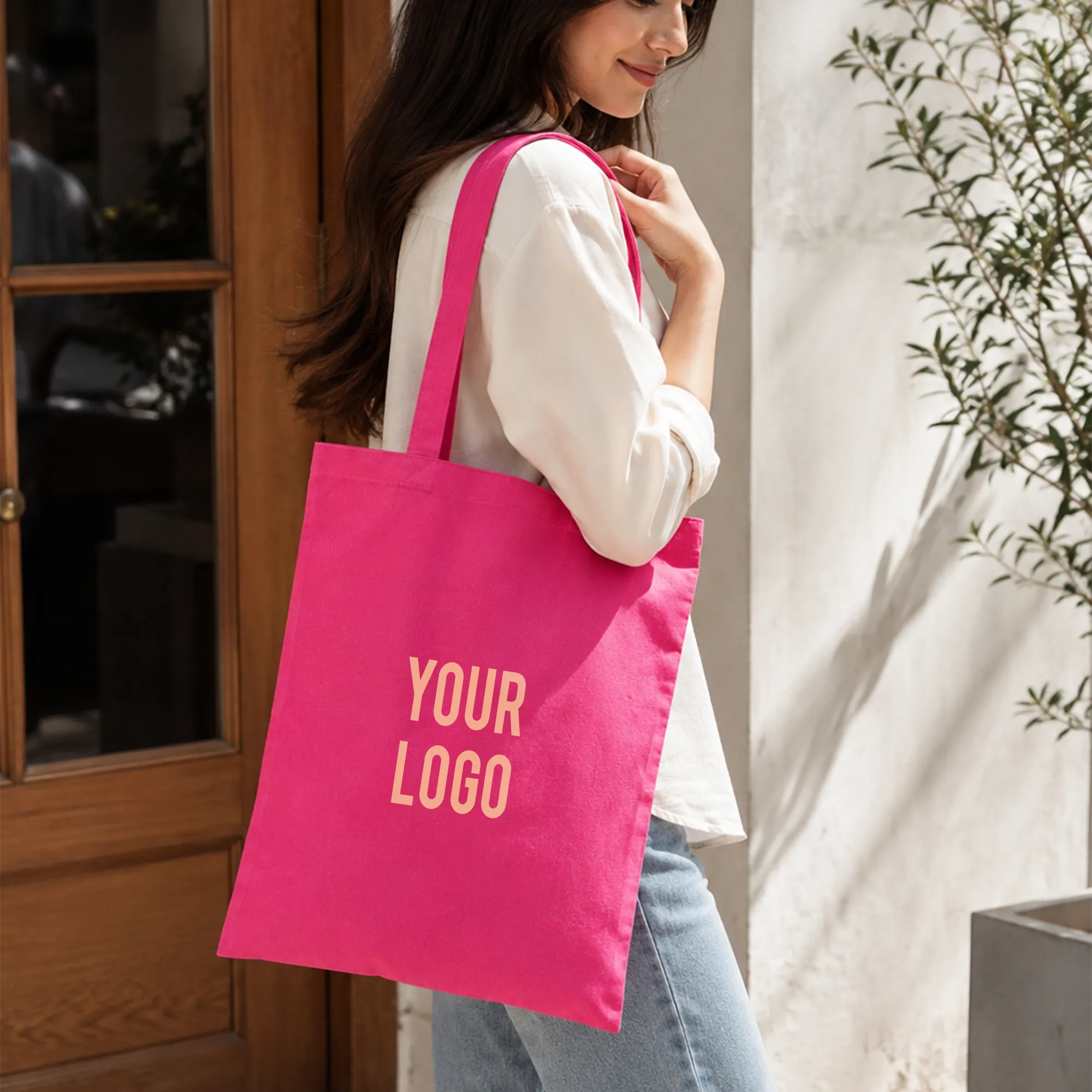 Pink recycled cotton tote bag with long handles – sustainable and reusable