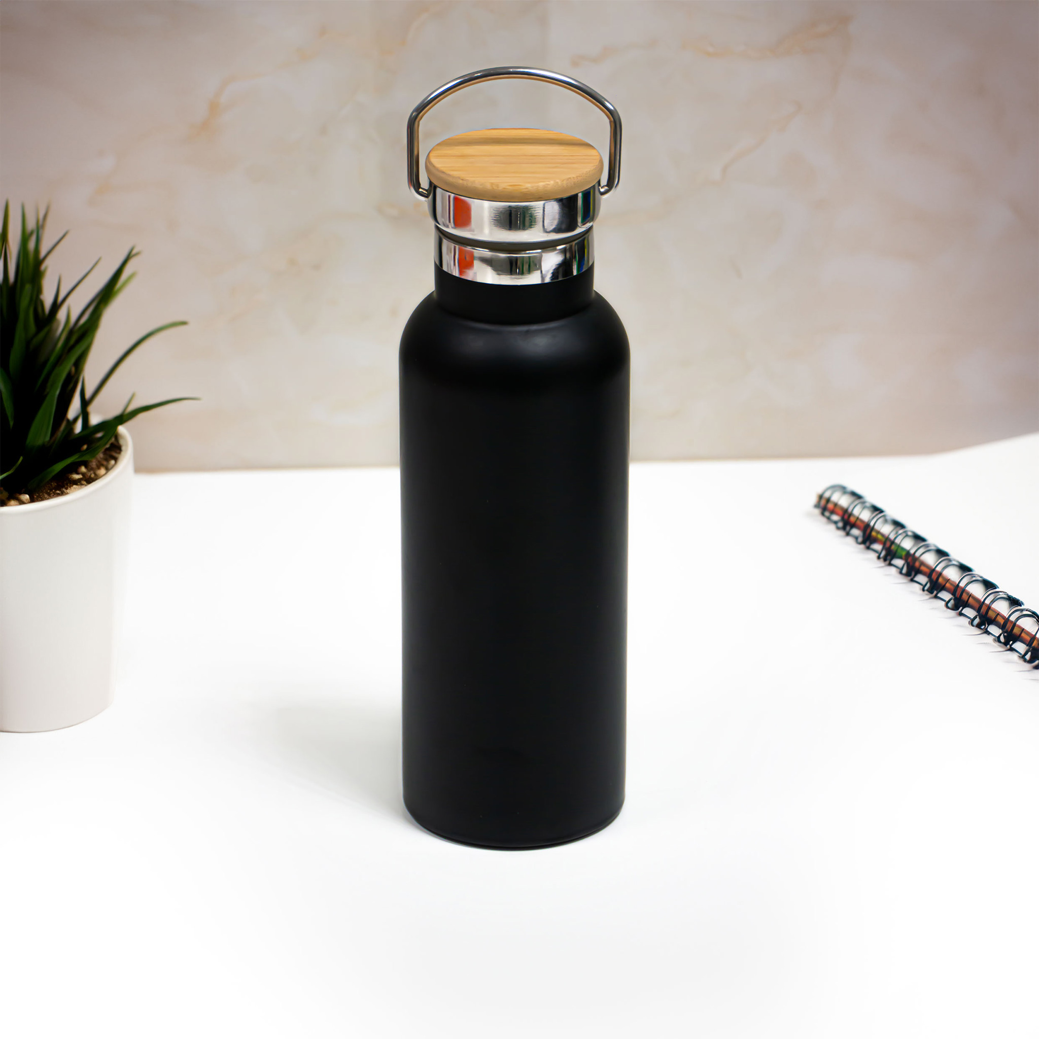 Insulated Bottle With Bamboo Cap Black