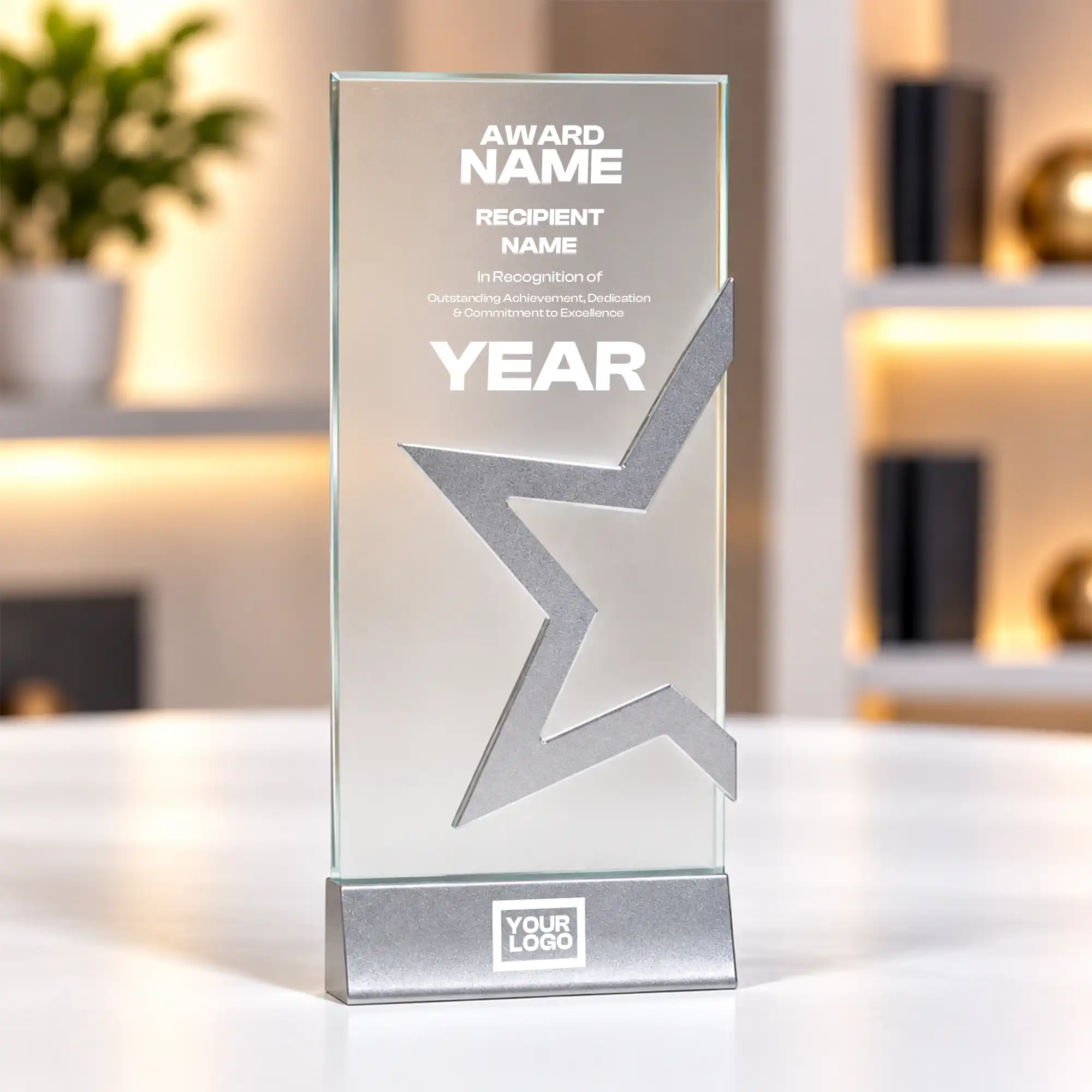 Silver star crystal award column on a desk