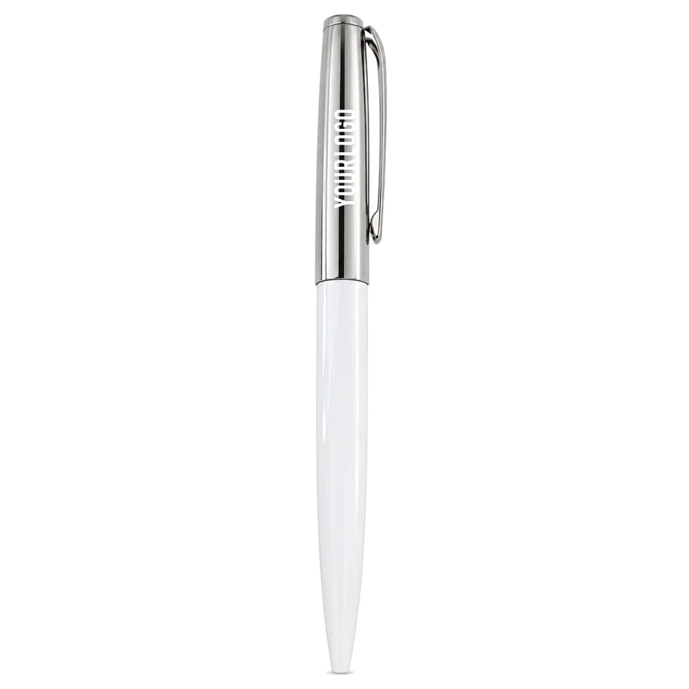 White glossy metal ballpoint pen with long polished metal top standing upright