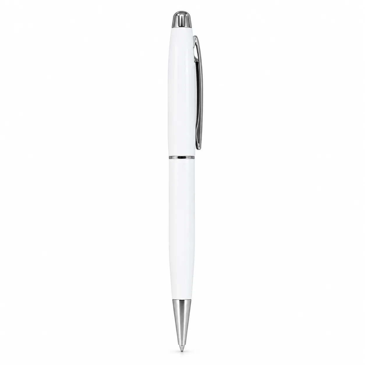 White glossy metal ballpoint pen with chrome trim standing upright on white