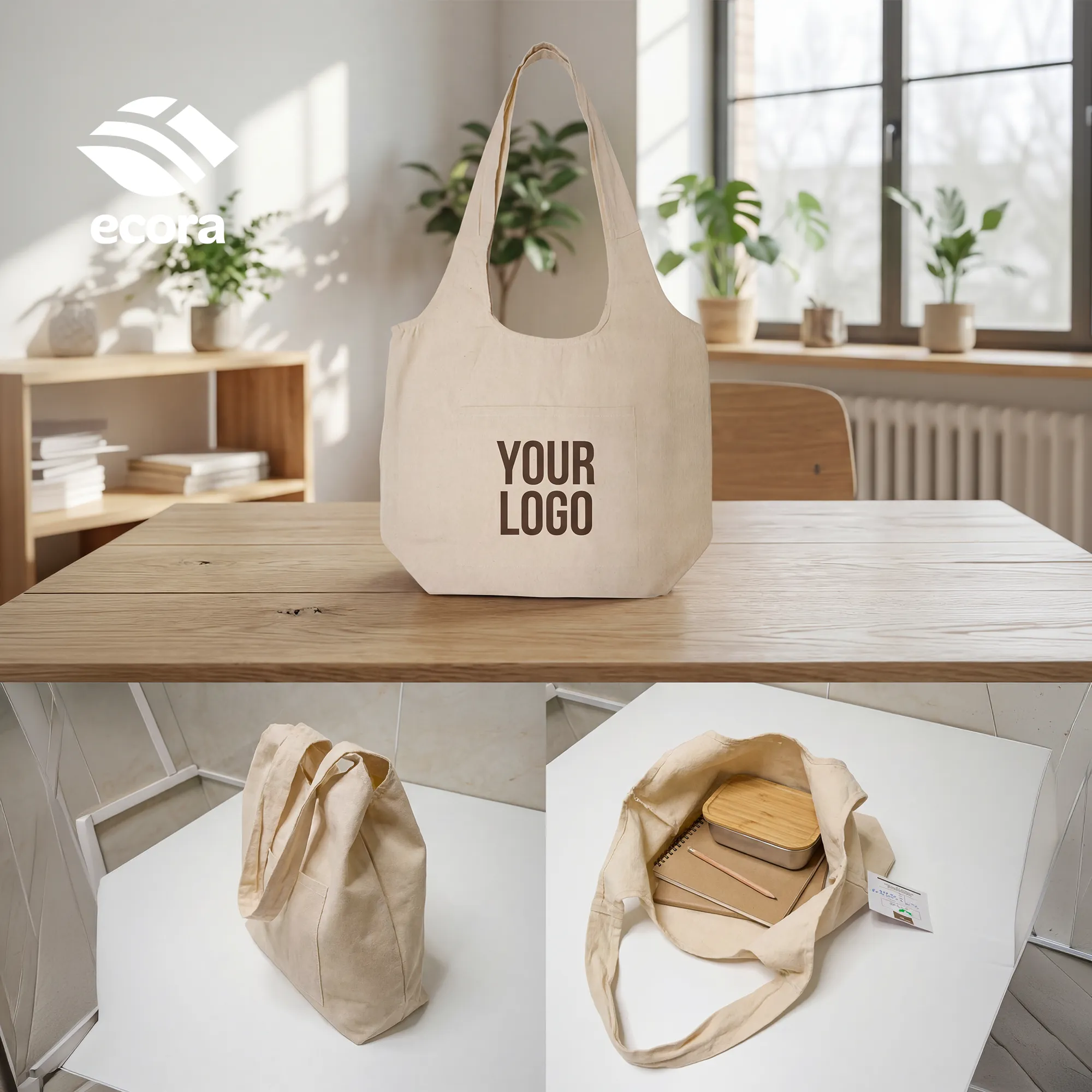 Toto canvas shoulder tote in natural with a large printed logo on the front panel