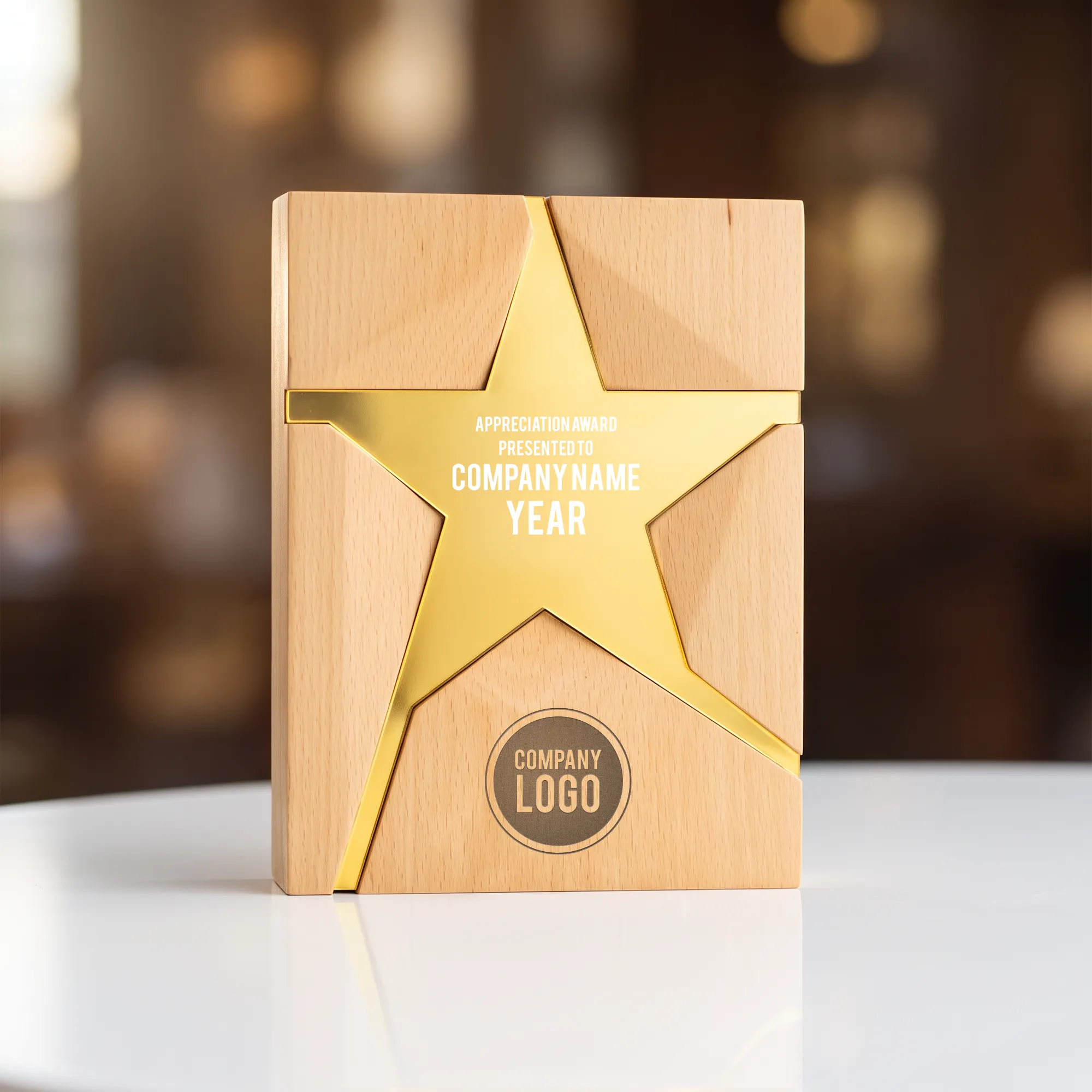 Wooden Trophy With Metal Star Gold