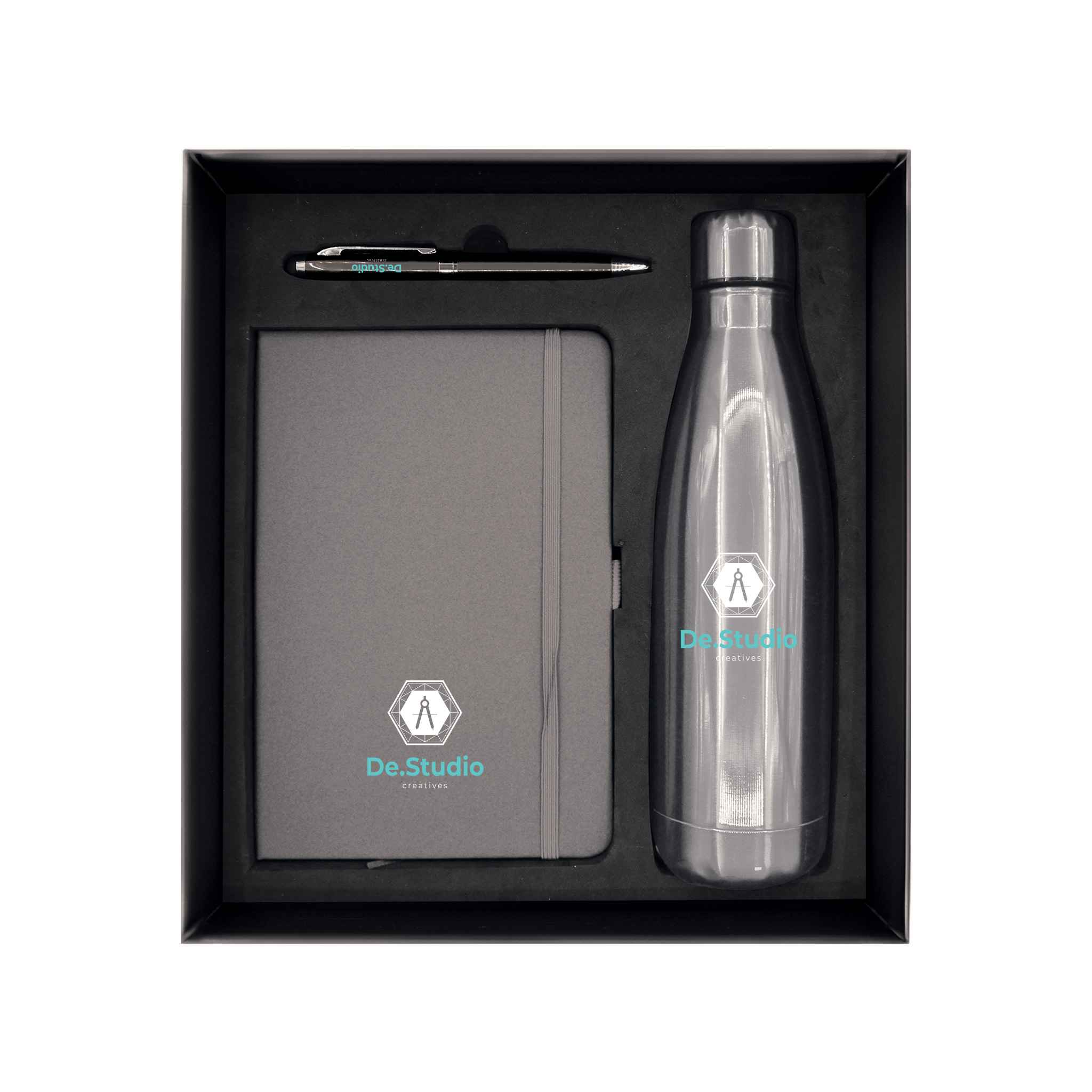 Promotional Giftset with Gray Notebook pen and Bottle