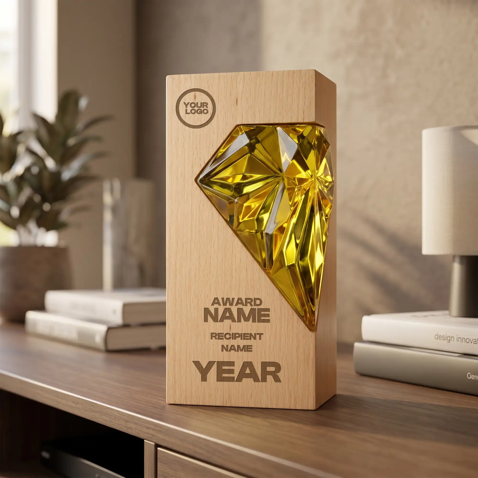 Gold crystal diamond award on wood base, close-up of faceted surface
