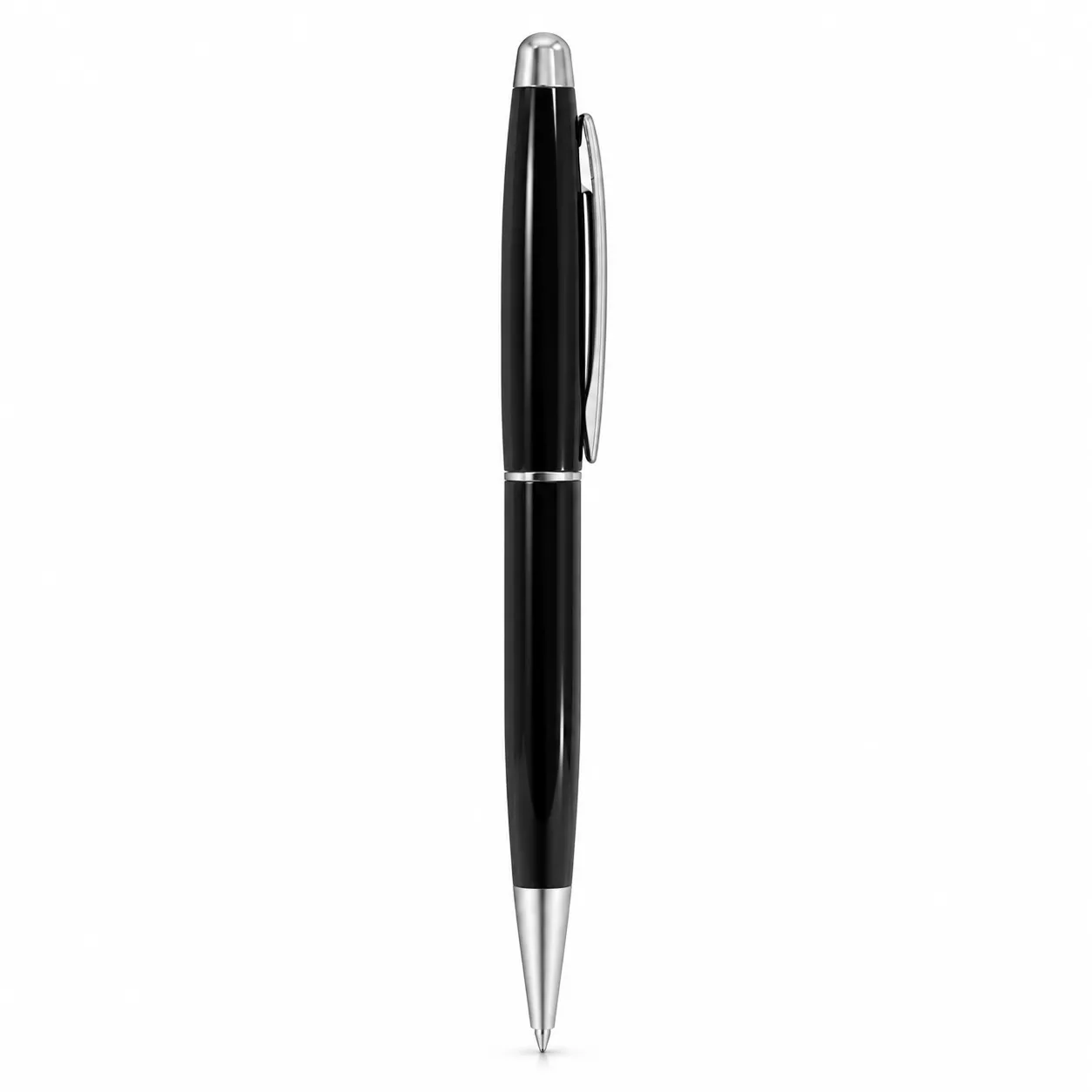 Black glossy metal ballpoint pen with chrome trim standing upright on white