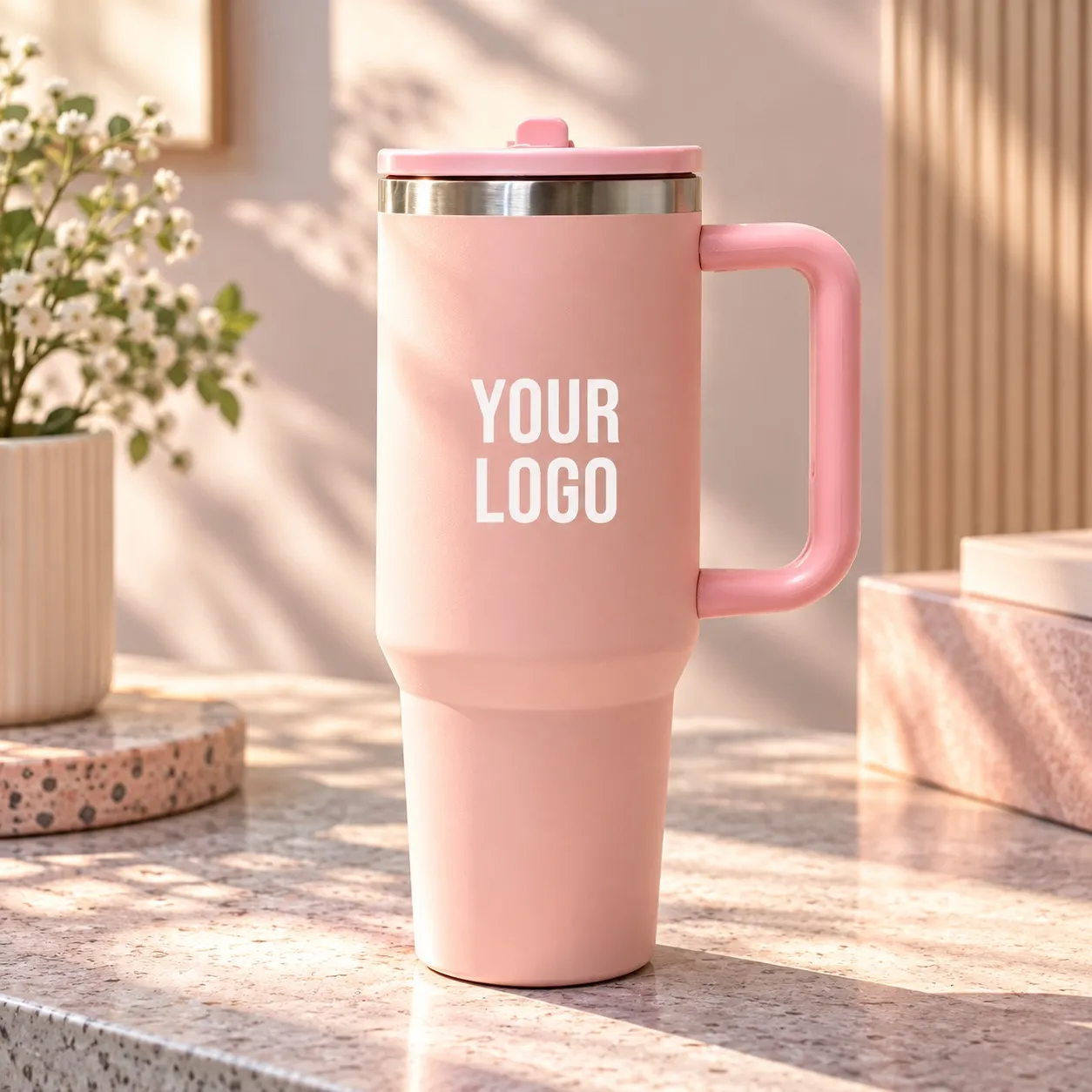 Double Walled Tumbler With Handle And Flip Straw