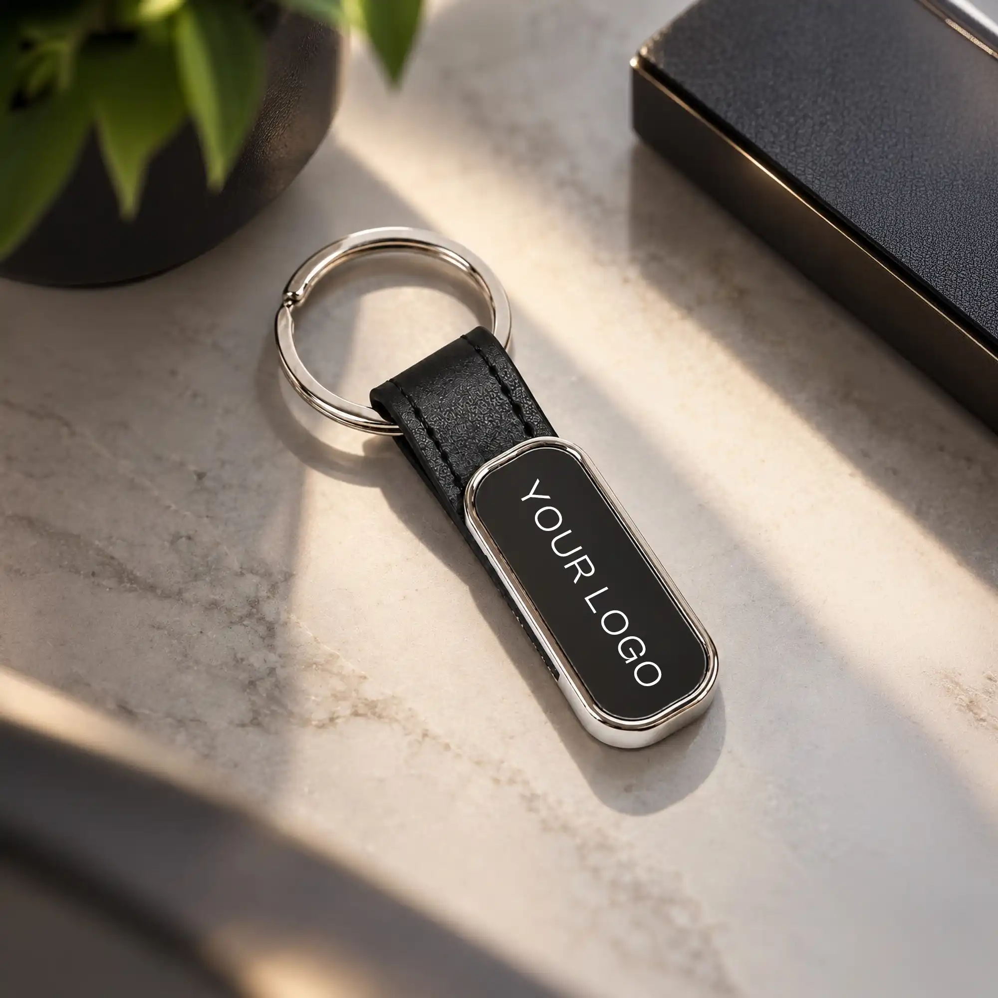Silver Tag Leather Strap Keychain