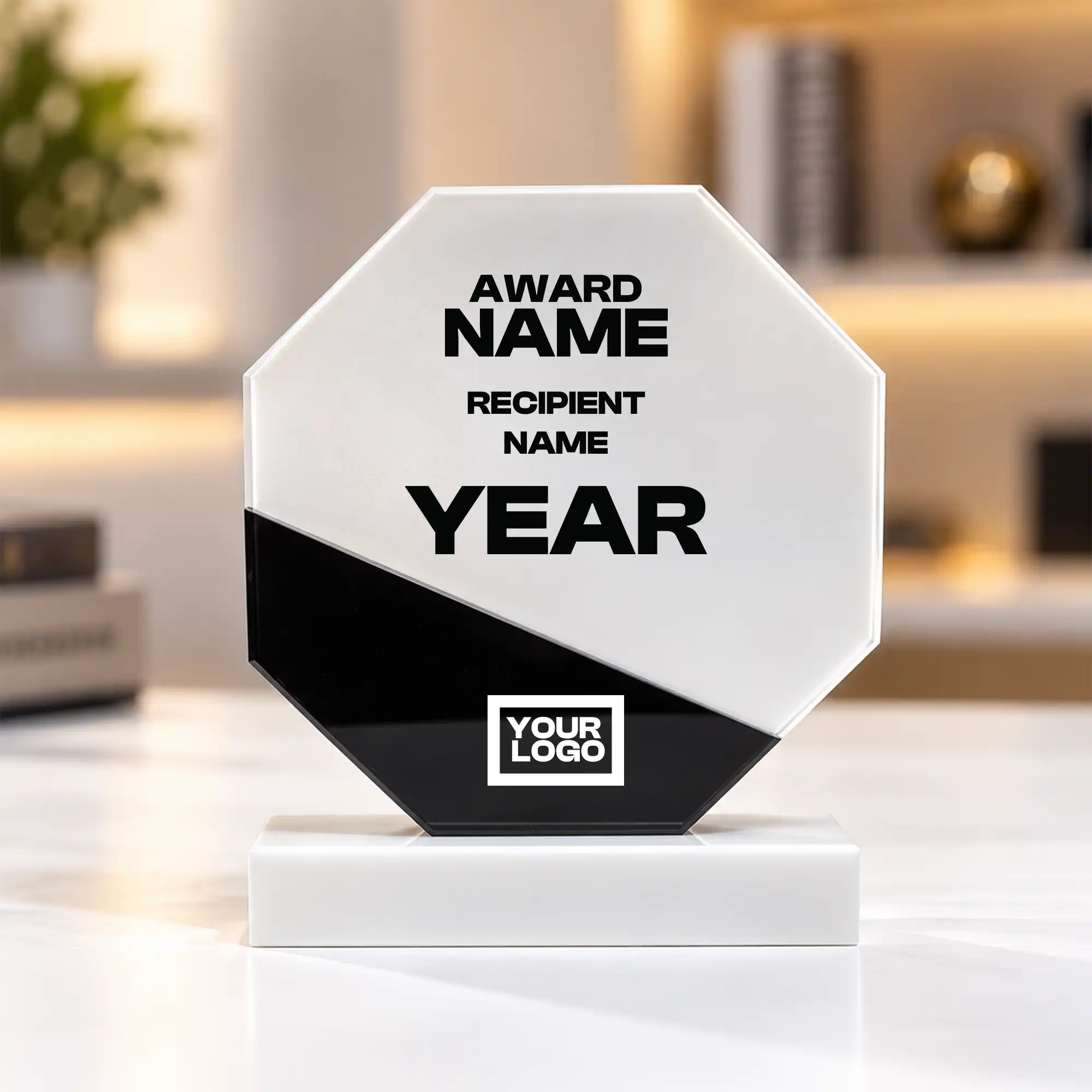 White marble octagonal crystal award on a desk