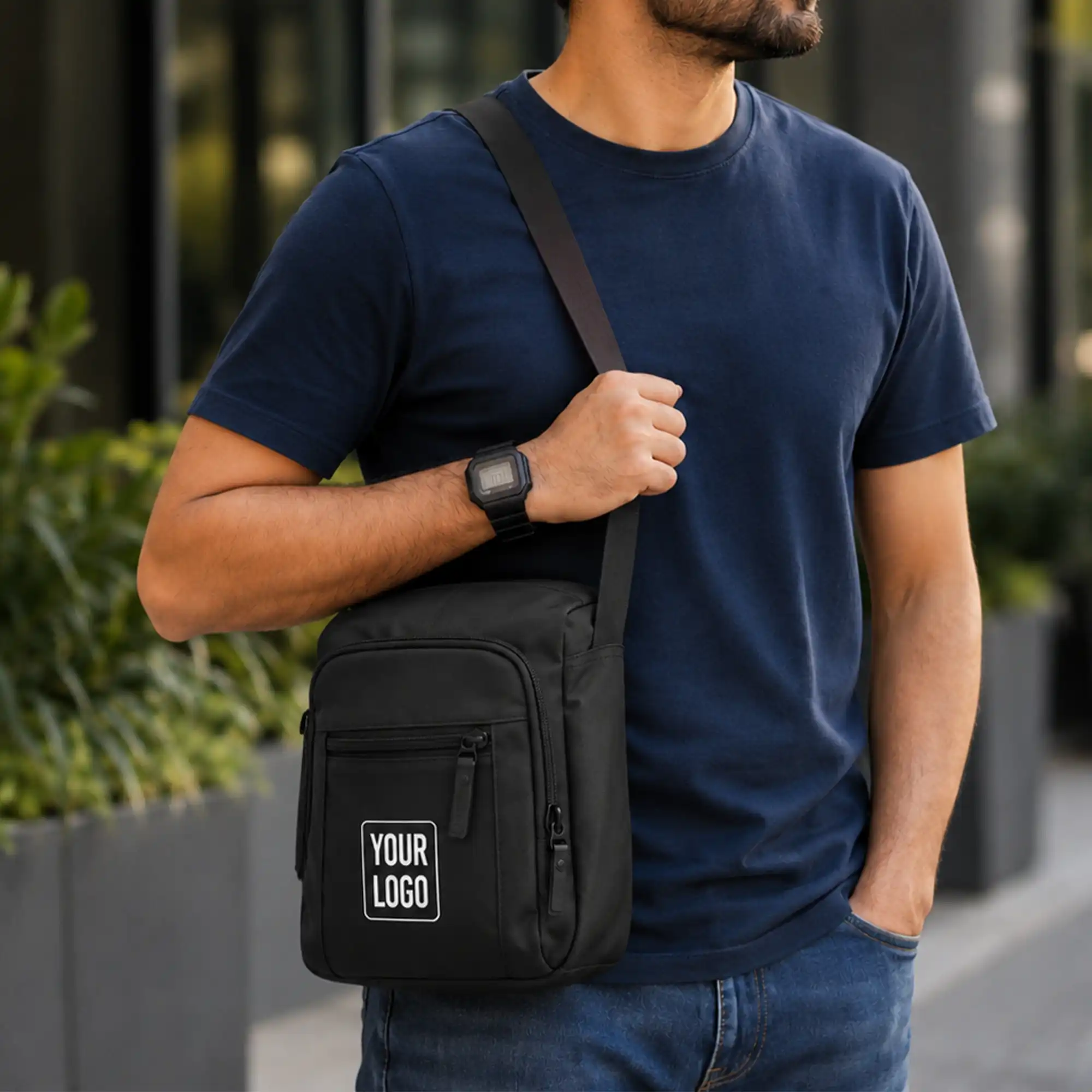 Premium black sling bag with adjustable strap and multi-compartment travel design